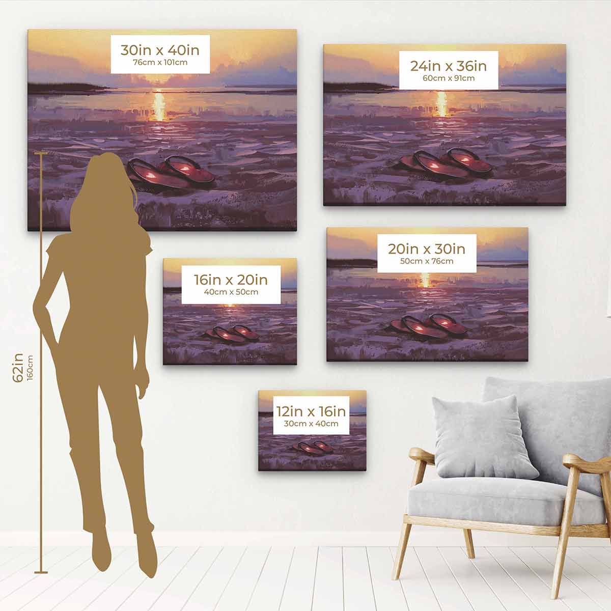 Purple Flip Flops Sunset Wall Art Canvas Print - Beach Decor for Living Room, Bedroom & Bathroom - 2688