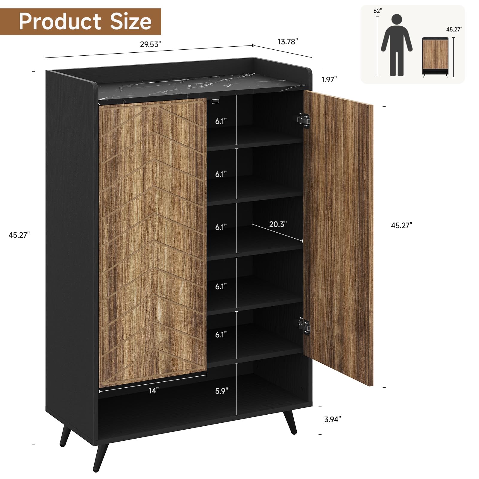 6-Tier Adjustable Shoe Storage Cabinet with Doors - Freestanding Shoe Organizer for Entryway, Hallway & Living Room - Black & Brown Shoe Rack with Bottom Storage Cubby - Perfect for Small Spaces & Clutter-Free Home Organization