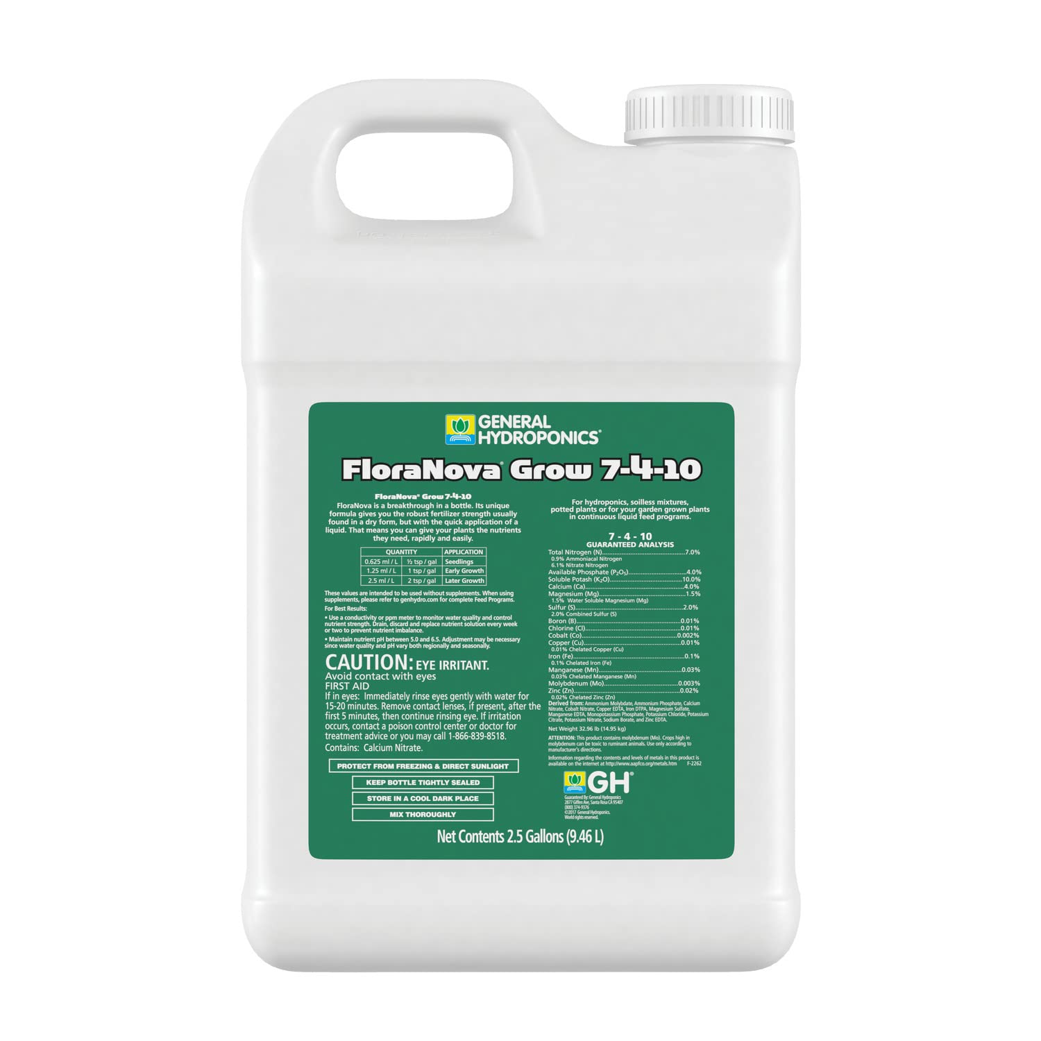 General Hydroponics HGC718807 FloraNova Grow 7-4-10 Liquid Fertilizer - High Strength Plant Food for Hydroponics, Soilless Mix & Container Gardening - Fast-Absorbing Nutrients for Indoor & Outdoor Plants (2.5-Gallon) - Perfect for Vegetables, Herbs & Flowering Plants