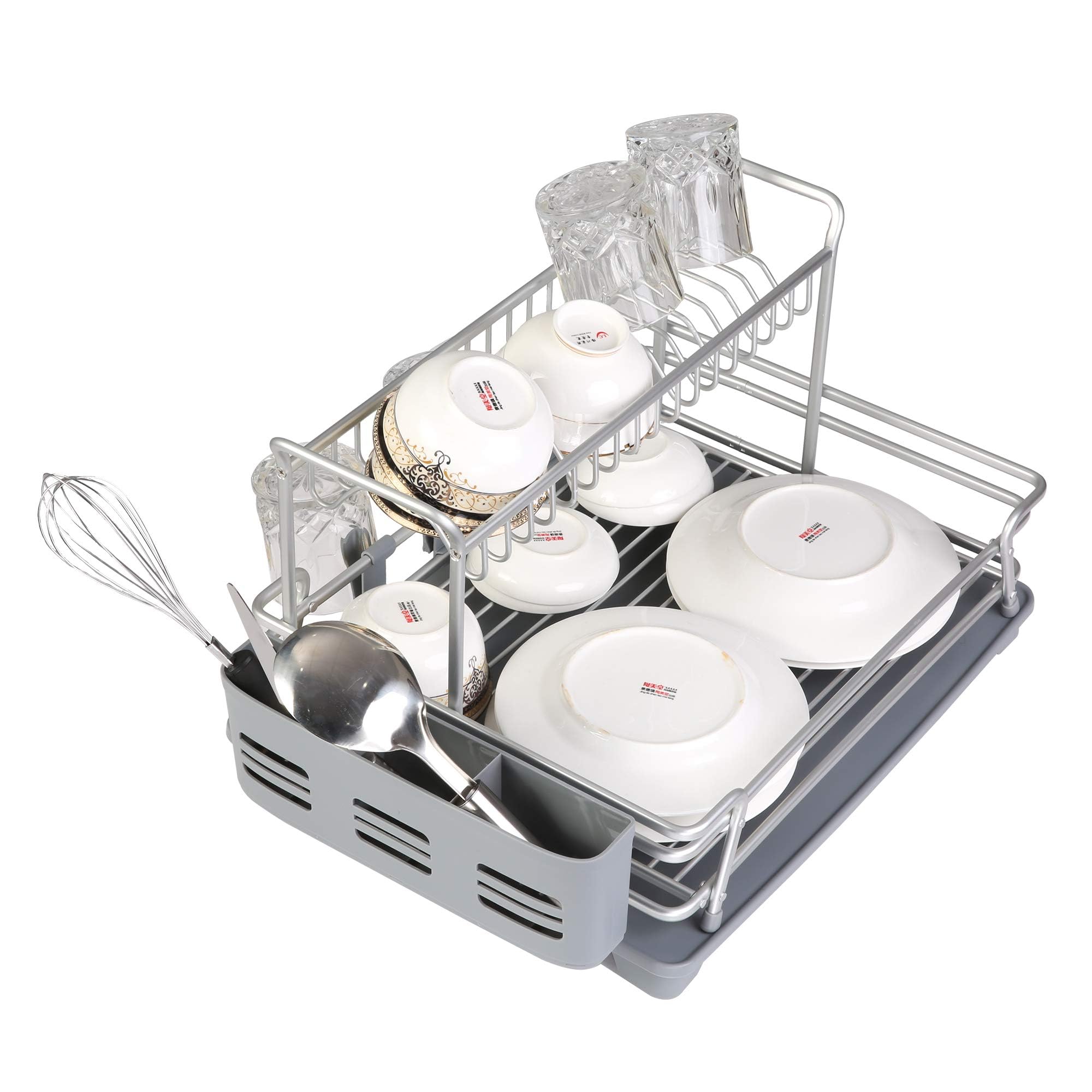 1-Tier & 2-Tier Aluminum Dish Drying Rack with Drainboard - Light Gray & Silver (21.4