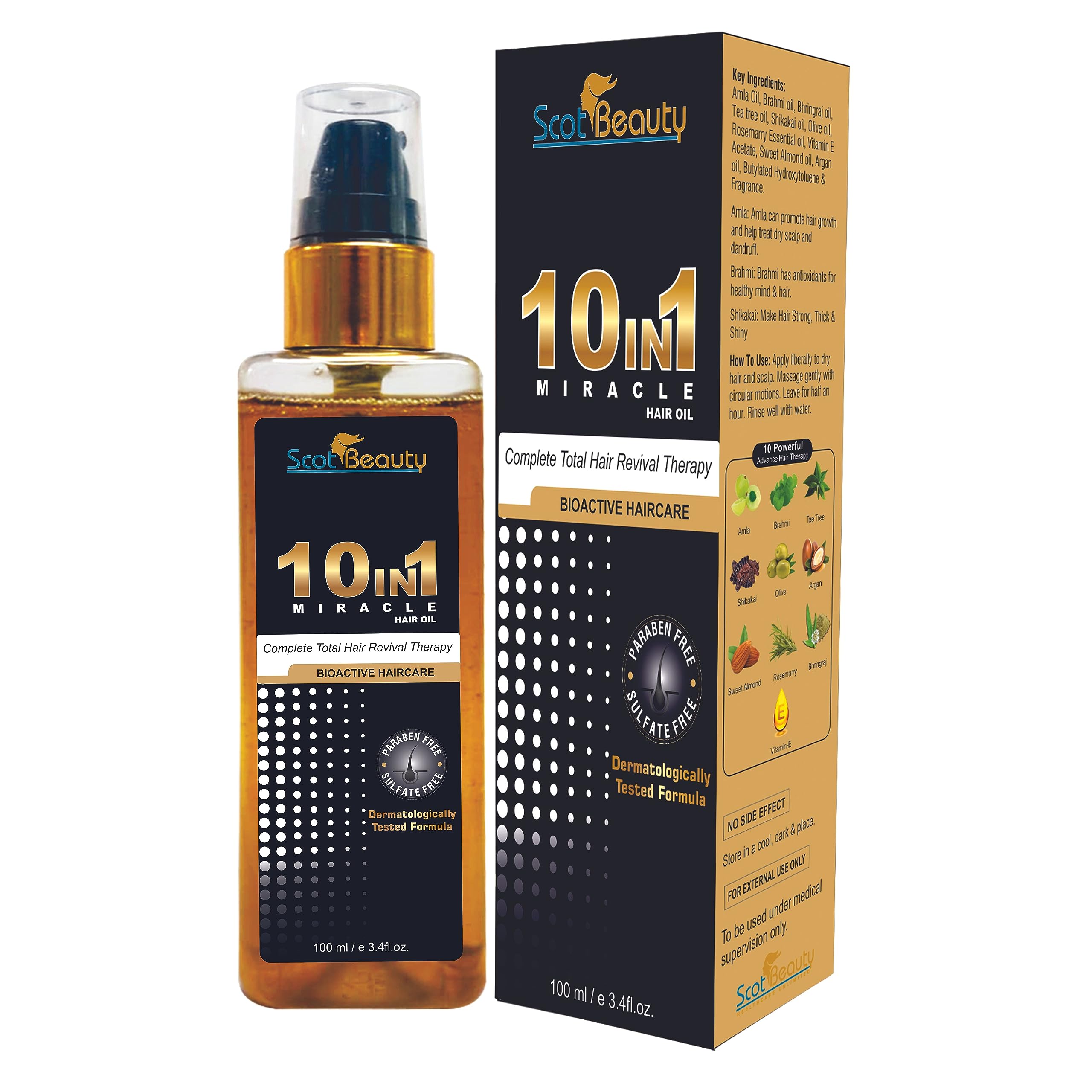 Scotbeauty 10-in-1 Miracle Hair Oil - Non-Sticky & Non-Greasy Formula with Almond, Bhringraj, Argan & Amla Oils - 20X Stronger Hair Growth - 100ml Scalp Nourishment Treatment - Perfect for Dry, Damaged Hair & Daily Hair Care Routine