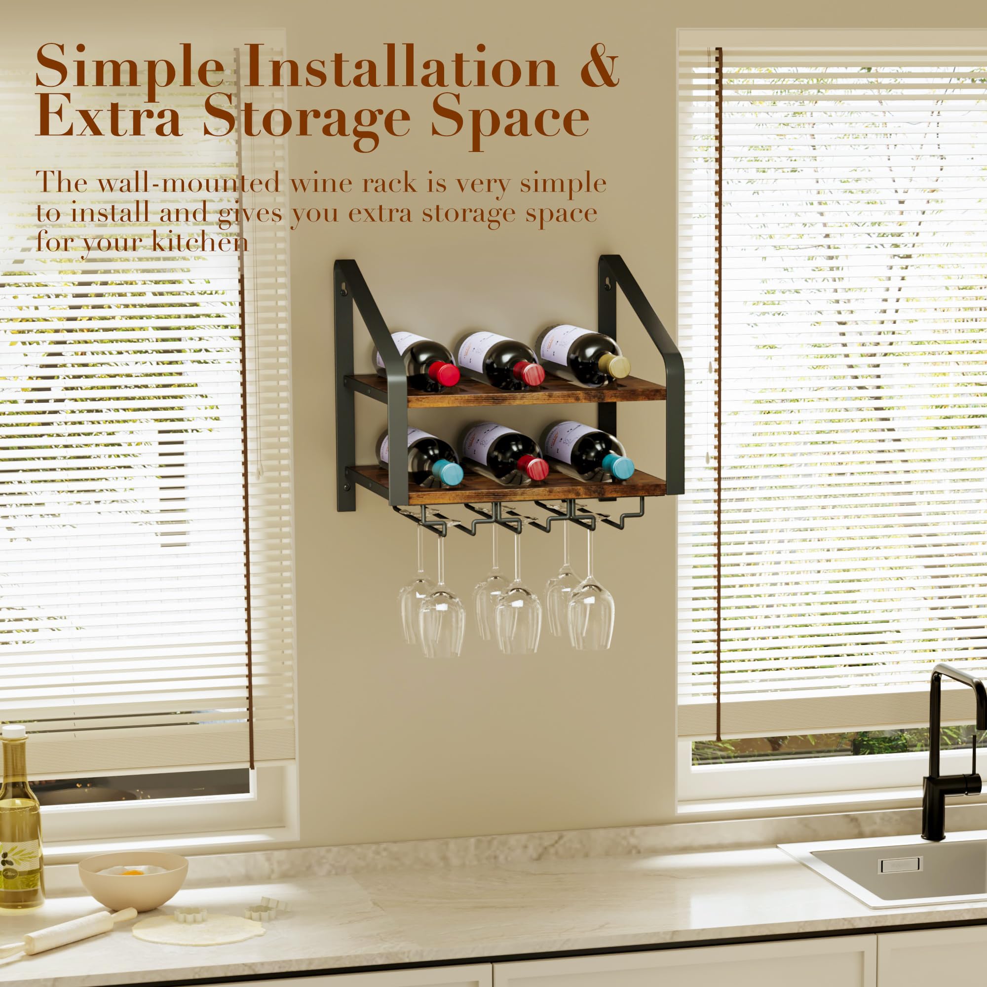 2-Tier Wall Mounted Wine Rack for 6 Bottles & 6 Glasses - Solid Wood & Metal Wine Bottle Holder for Home Bar, Kitchen, Dining Room - Space-Saving Wine Storage Solution (Brown Black) - Perfect for Small Spaces, Apartment Living & Entertaining Guests