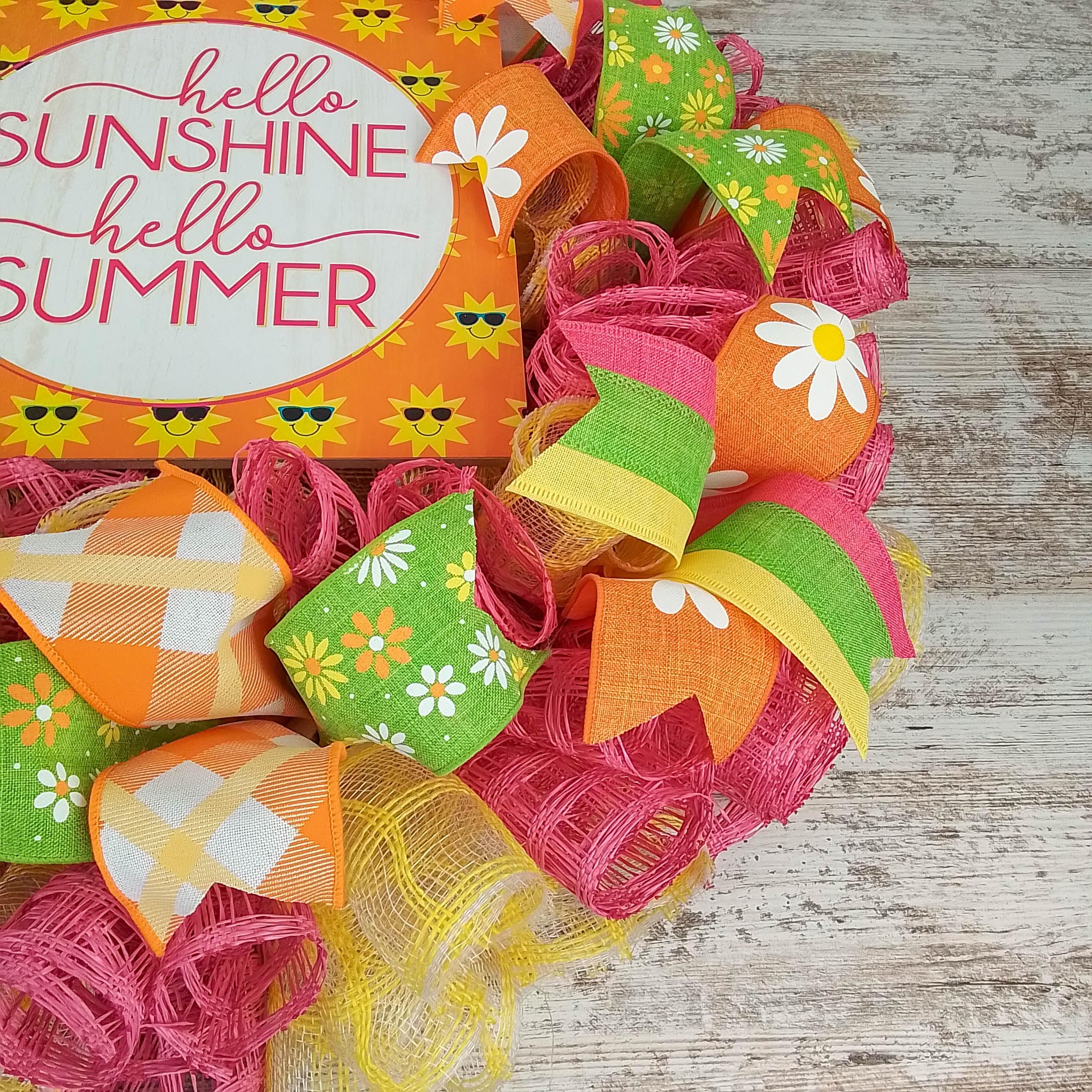 Hello Sunshine Summer Wreath - Vibrant Yellow Pink Green Orange Beach Mesh Door Decoration for Front Porch, Patio & Summer Home Decor