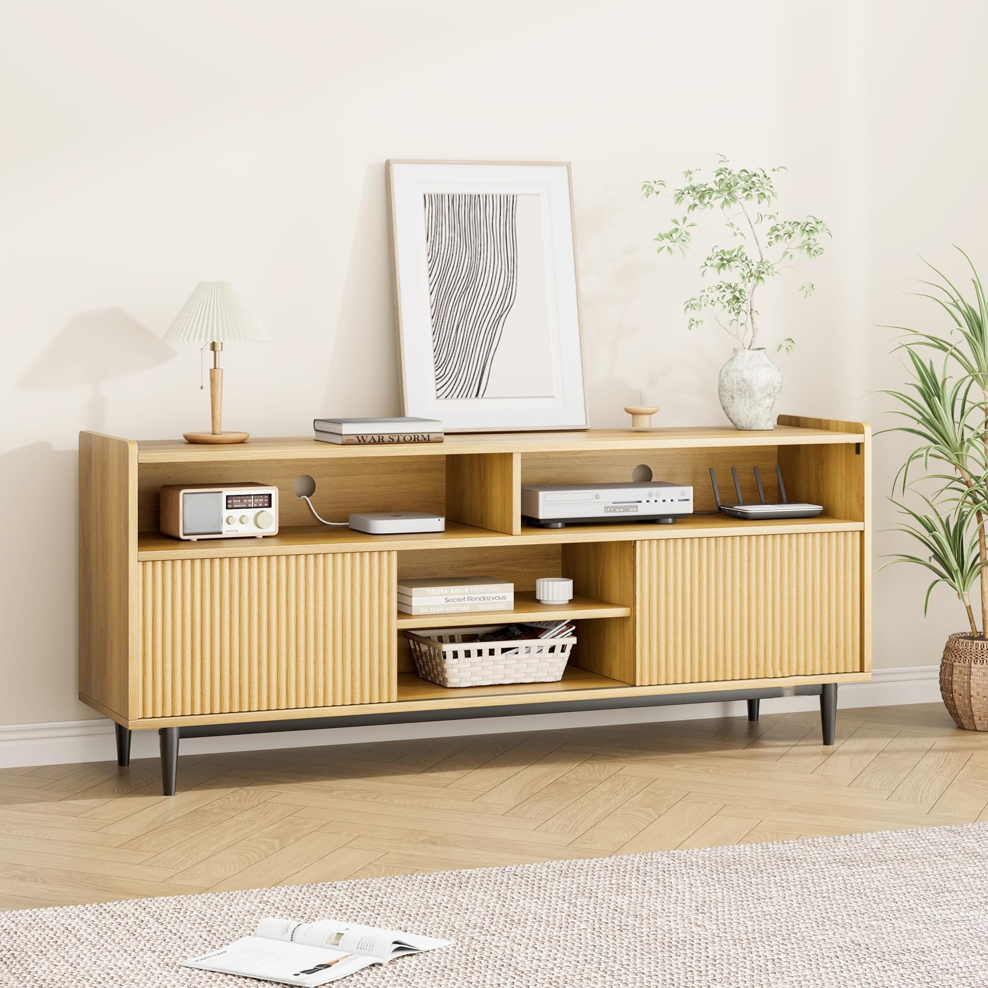 80 Inch Fluted TV Stand - Boho Style Entertainment Center with Sliding Doors, Adjustable Shelves Wood Media Cabinet for Living Room & Bedroom - Natural Oak Finish - Perfect for Modern Home Decor & Entertainment Setup