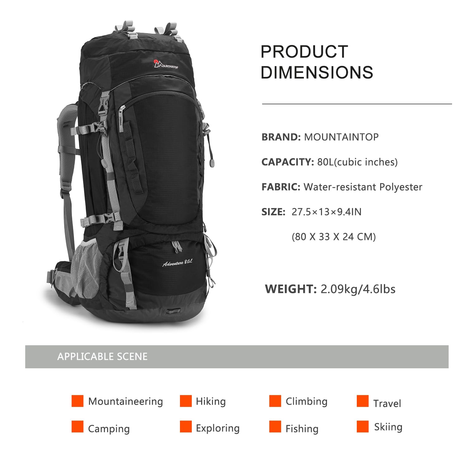 MOUNTAINTOP 80L Internal Frame Backpack for Men & Women - Lightweight Hiking Backpack with Adjustable Straps & Rain Cover - Perfect for Camping, Trekking and Outdoor Adventures