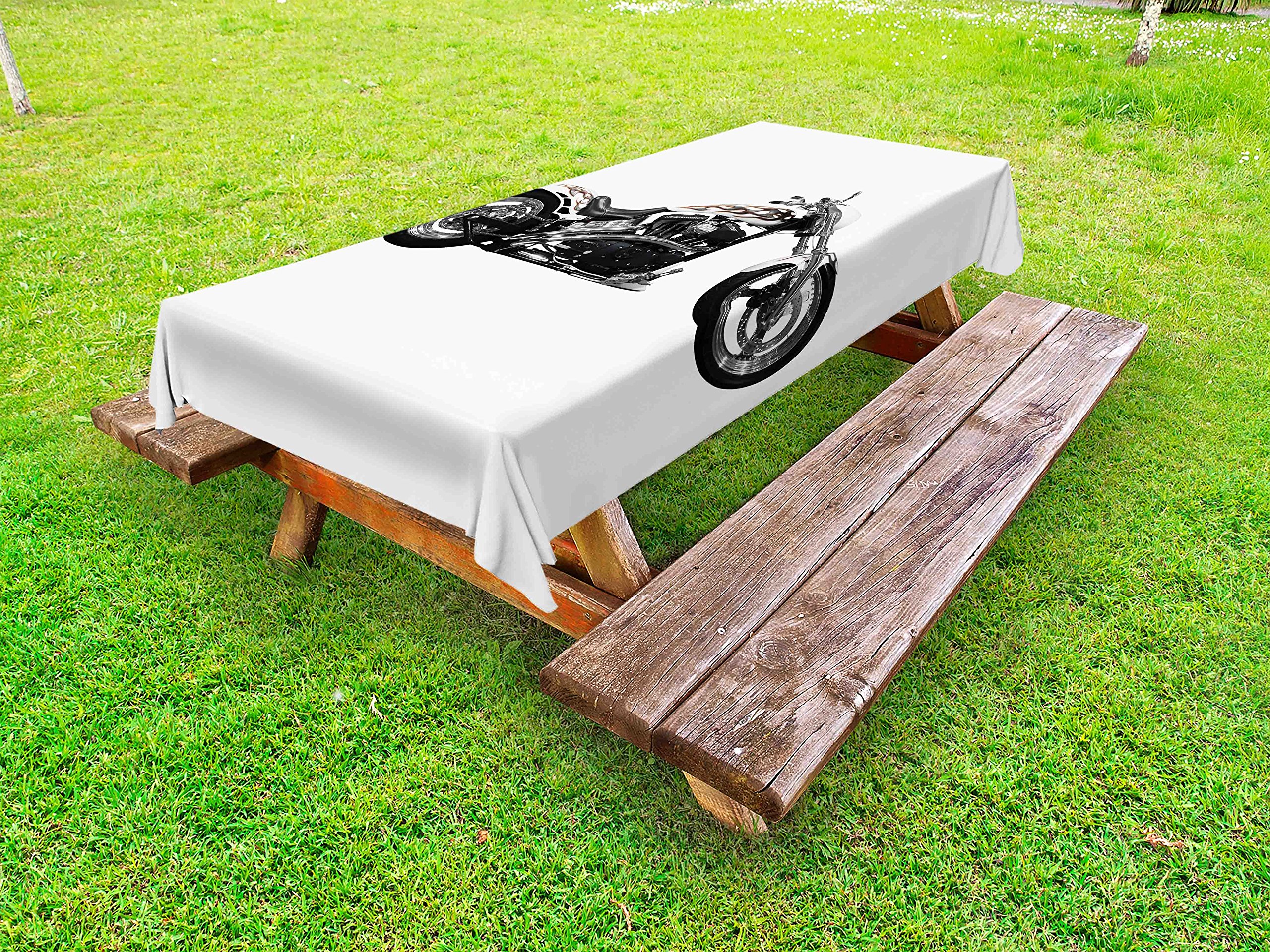 Ambesonne Motorcycle Themed Outdoor Tablecloth - Hipster Biker Style, Washable Picnic Table Cover for Parties & BBQs, 58x104 Inches, Black White Grey Design