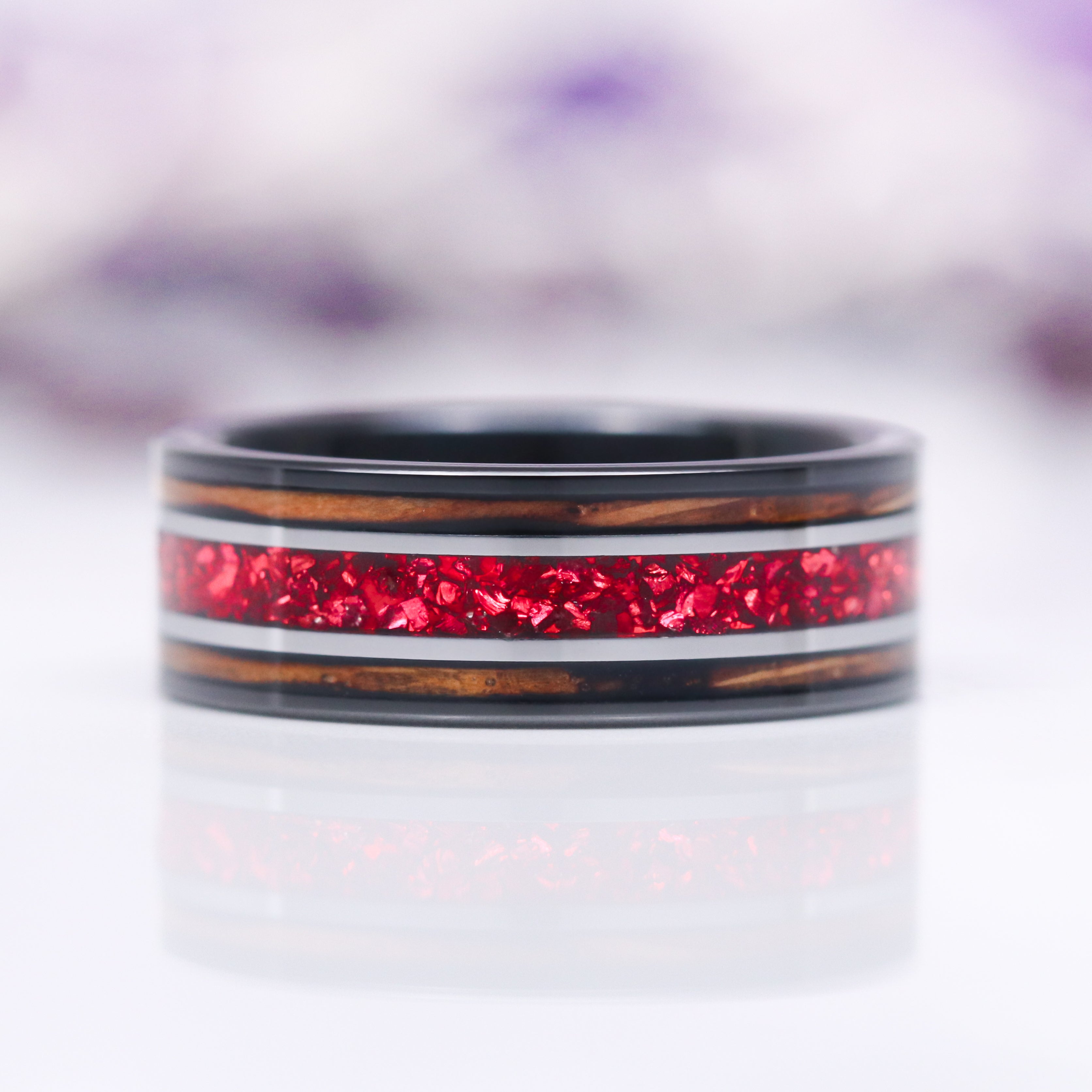 8MM Black Tungsten Wedding Band with Crushed Red Garnet & Redwood Inlay - Perfect for Men's Wedding Rings, Anniversary Gifts & Unique Jewelry for Couples