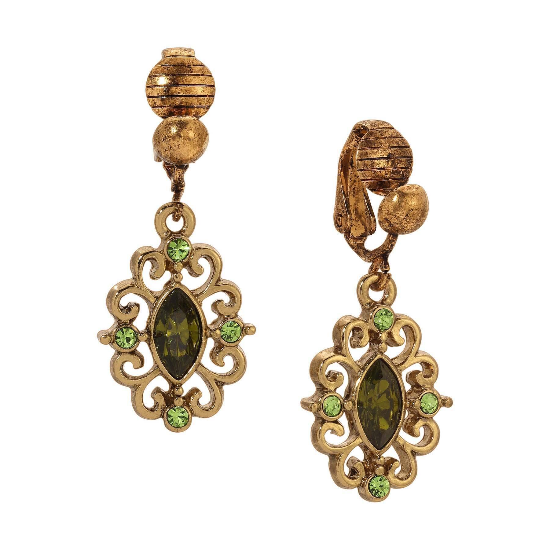 1928 Vintage Style Olivine Green Crystal Filigree Clip-On Earrings for Women - Elegant Dangle Earrings for Party, Wedding & Special Occasions