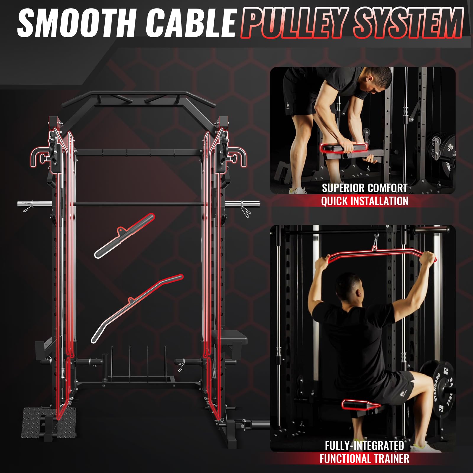Smith Machine & Power Cage - 2000LBS Capacity Squat Rack with Cable Crossover, LAT Pulldown & Functional Trainer System | Multi-Function Home Gym Equipment for Strength Training & Weightlifting | Perfect for Home Workouts & Fitness Enthusiasts