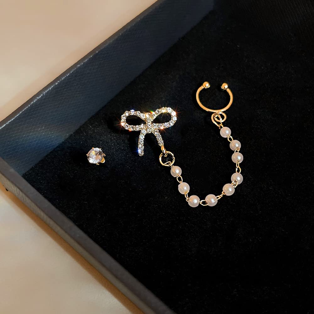 JWICOS Gold Rhinestone Bowknot Stud Asymmetric Earrings for Women - Delicate Cuff Chain Wrap Tassel Pearl Earrings | Perfect for Parties, Weddings & Date Nights