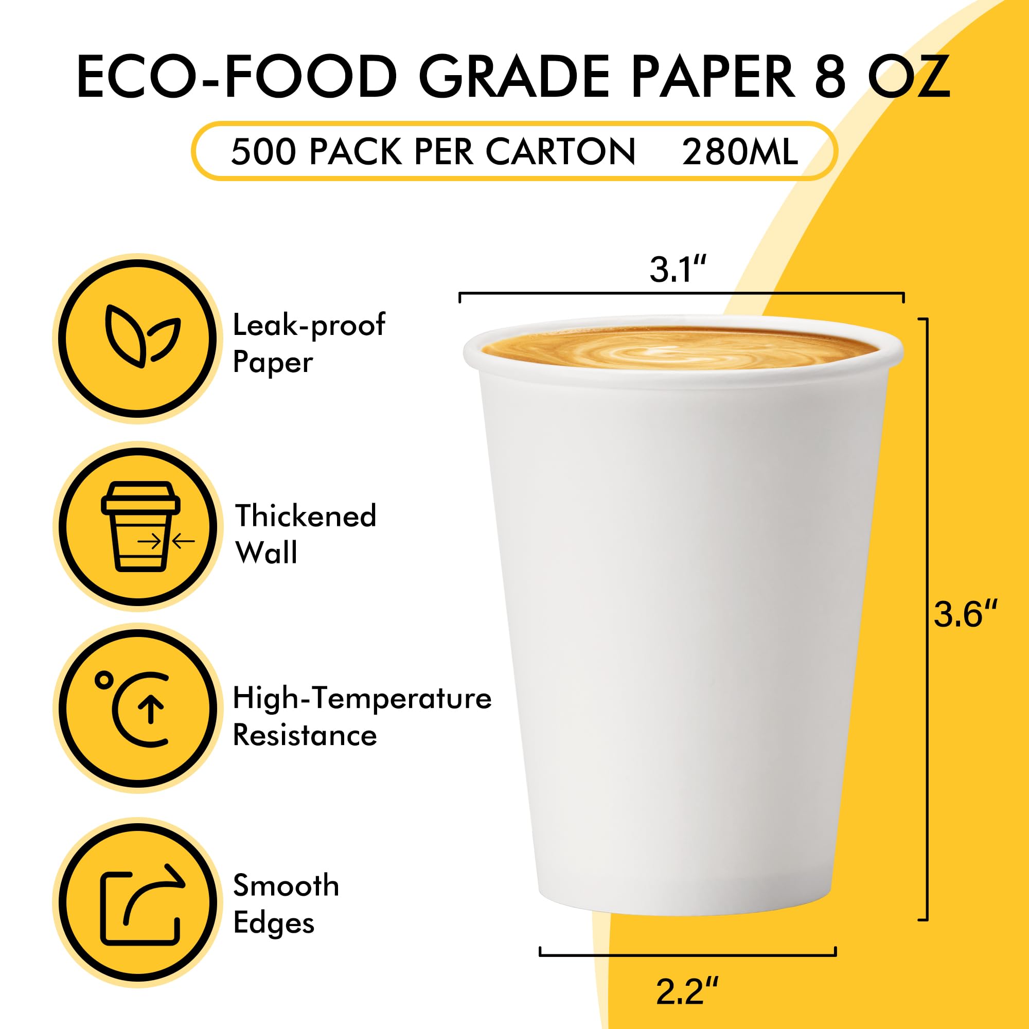 RACETOP 8 oz Disposable Coffee Cups (500 Pack) - Insulated Hot/Cold Drink Cups for Coffee, Tea, Cocoa - Perfect for Office, Home, Party & Catering Events - BPA Free & Leak Resistant