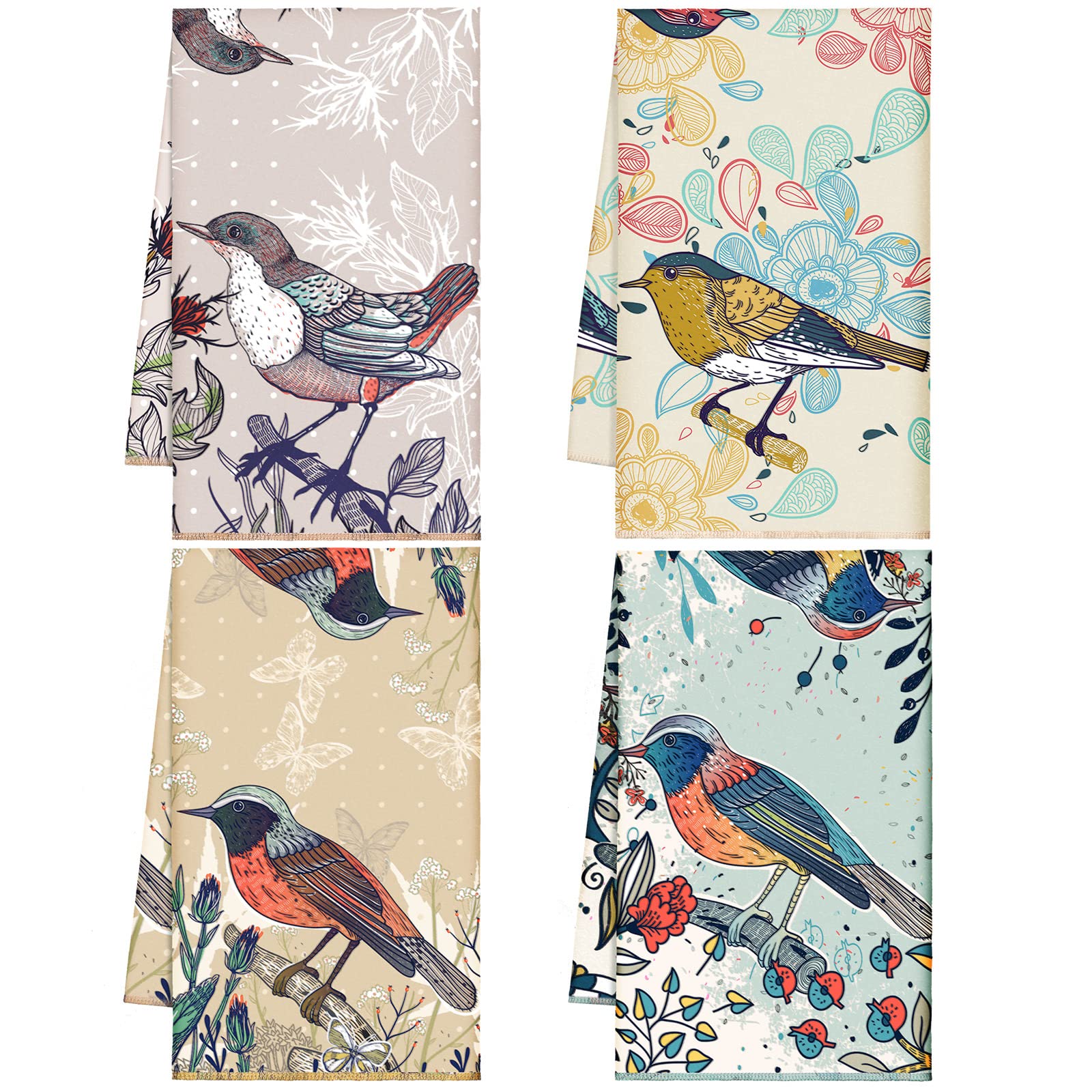 4 Pack Absorbent Kitchen Towels - Reusable Dish Cloths & Decorative Tea Towels Set for Kitchen, Bathroom - Soft Terrycloth Hand Towels (Retro Bird Design) | Perfect for Drying Dishes, Cleaning Countertops & Adding Vintage Style to Your Home