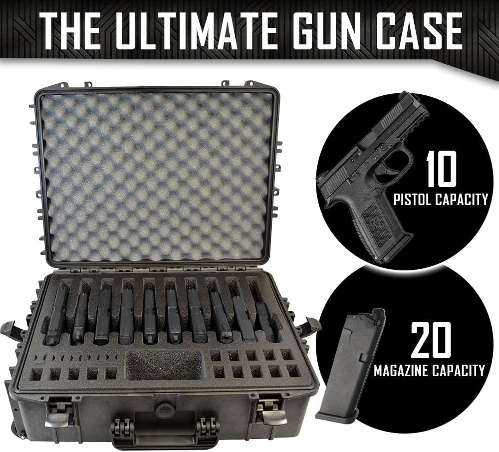 DORO 10 Pistol 20 Magazine Wheeled Hard Case with Custom Foam Insert - Waterproof Heavy Duty Tactical Gun Case for Firearms & Ammo Storage (21 x 15.87 x 7.25 Inch, Black) - Perfect for Range Transport, Air Travel & Secure Home Storage