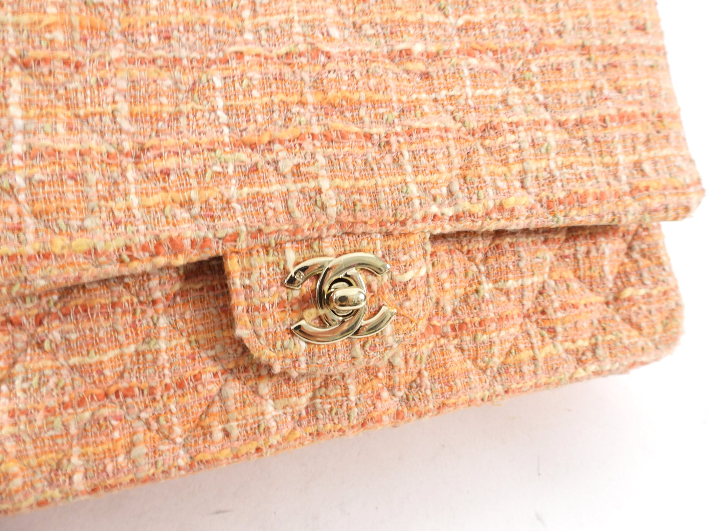 Chanel 2005 Peach Tweed Medium Classic Double Flap Bag - Vintage Designer Handbag for Women | Perfect for Parties, Weddings & Special Occasions