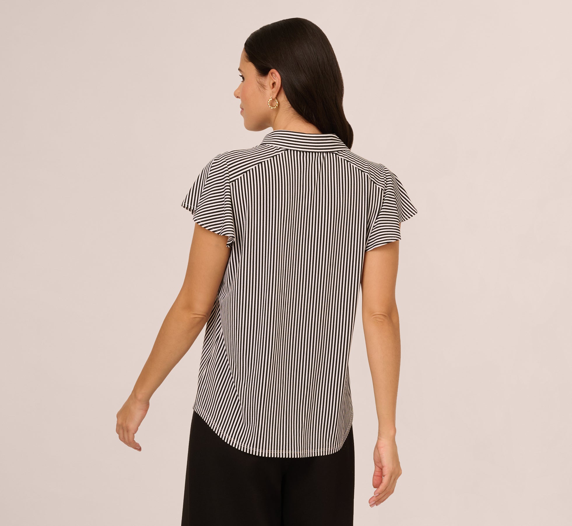 Flutter Sleeve Button Front Printed Blouse - Black Ivory Small Stripe Women's Casual Top for Work, Date Night & Spring Outfits