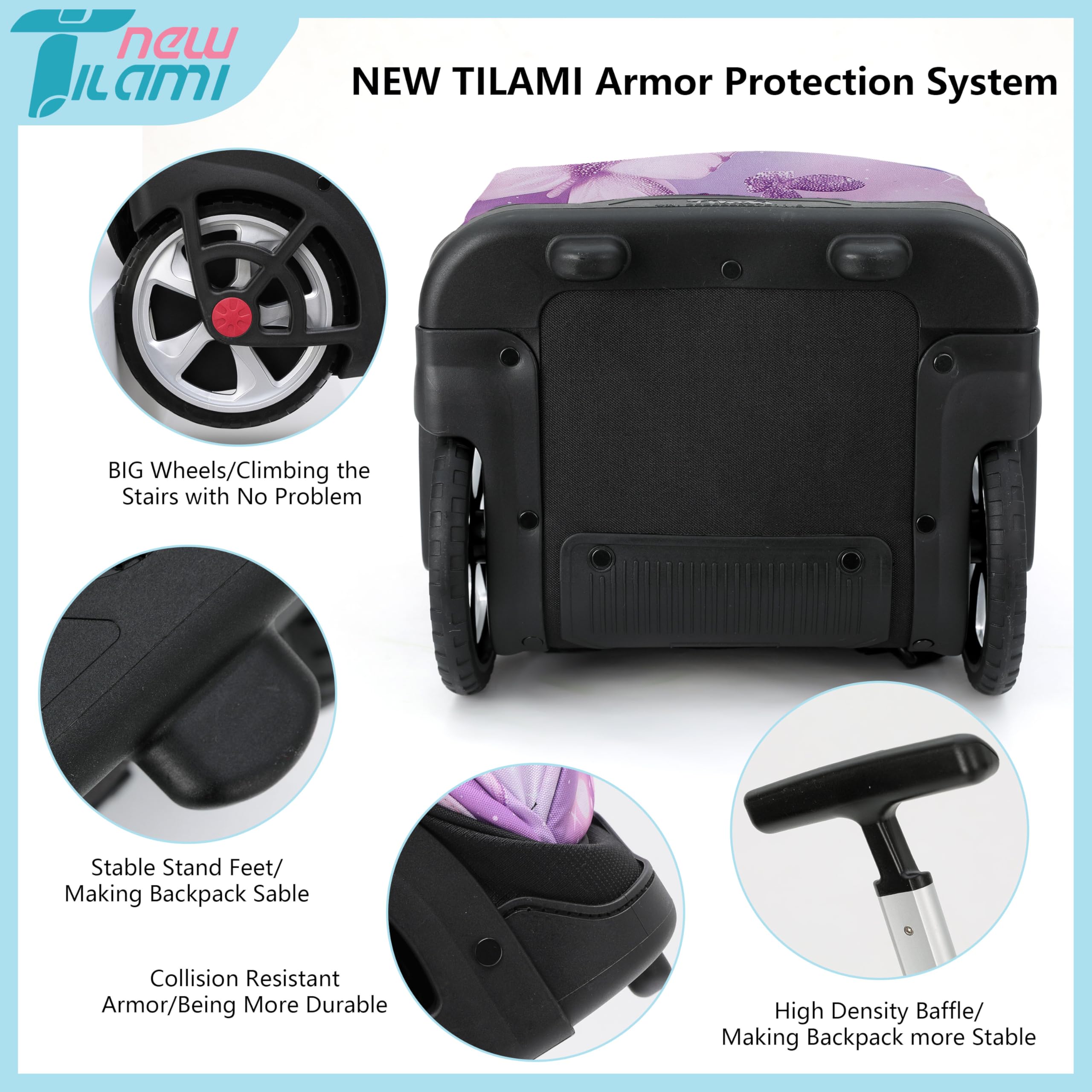 TILAMI 19 Inch Rolling Backpack with Lunch Bag - Wheeled Laptop Backpack for School & Travel, Kids & Teens (Evening Butterfly Pattern, No USB Port) - Perfect for Commuting, Air Travel, and Daily School Use