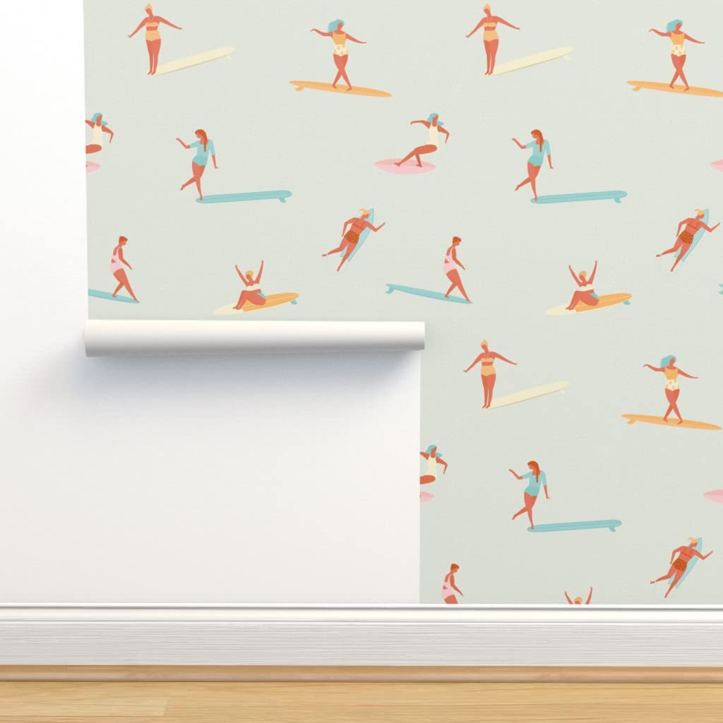 Peel & Stick Wallpaper Swatch - Surfing Girl & Surfboard Design, Beige Removable Wallpaper for Girls & Women, Custom Hawaii-Themed Decor by Spoonflower | Perfect for Bedrooms, Nurseries & Boho Home Offices