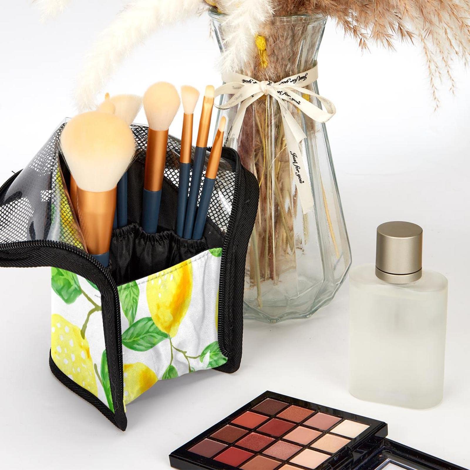 12-Piece Makeup Brush Organizer Bag with Lemon Tree Design - Portable Travel Cosmetic Brush Holder Case for Professional & Home Use