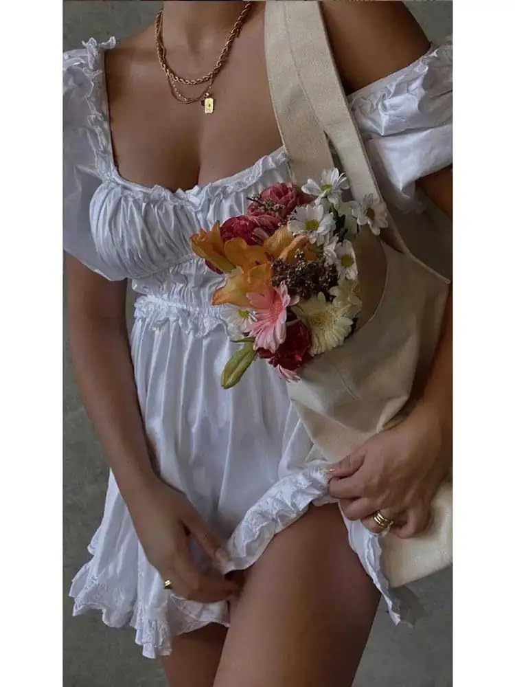 Sexy White Puff Sleeve Mini Dress with Ruffle Trim & Square Neckline - Elastic Bust Summer Party Dress for Women | Perfect for Cocktail Parties, Date Nights & Special Occasions