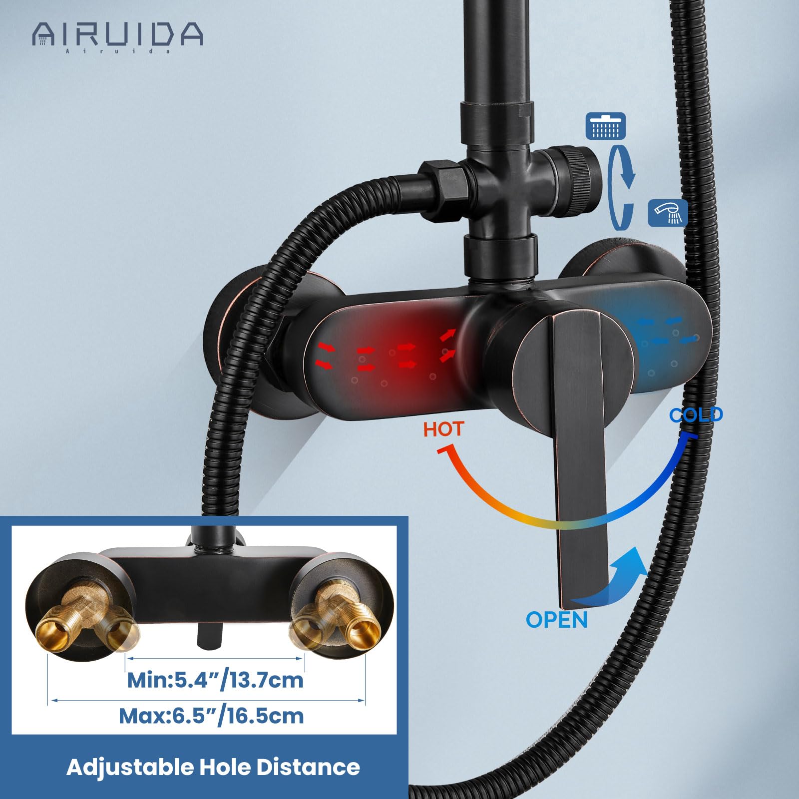 Airuida Oil Rubbed Bronze Exterior Shower System - 8 Inch Rainfall Shower Head with Single Handle, Solid Copper Diverter & Dual Function Faucet Combo for Outdoor/Patio/Garden Use
