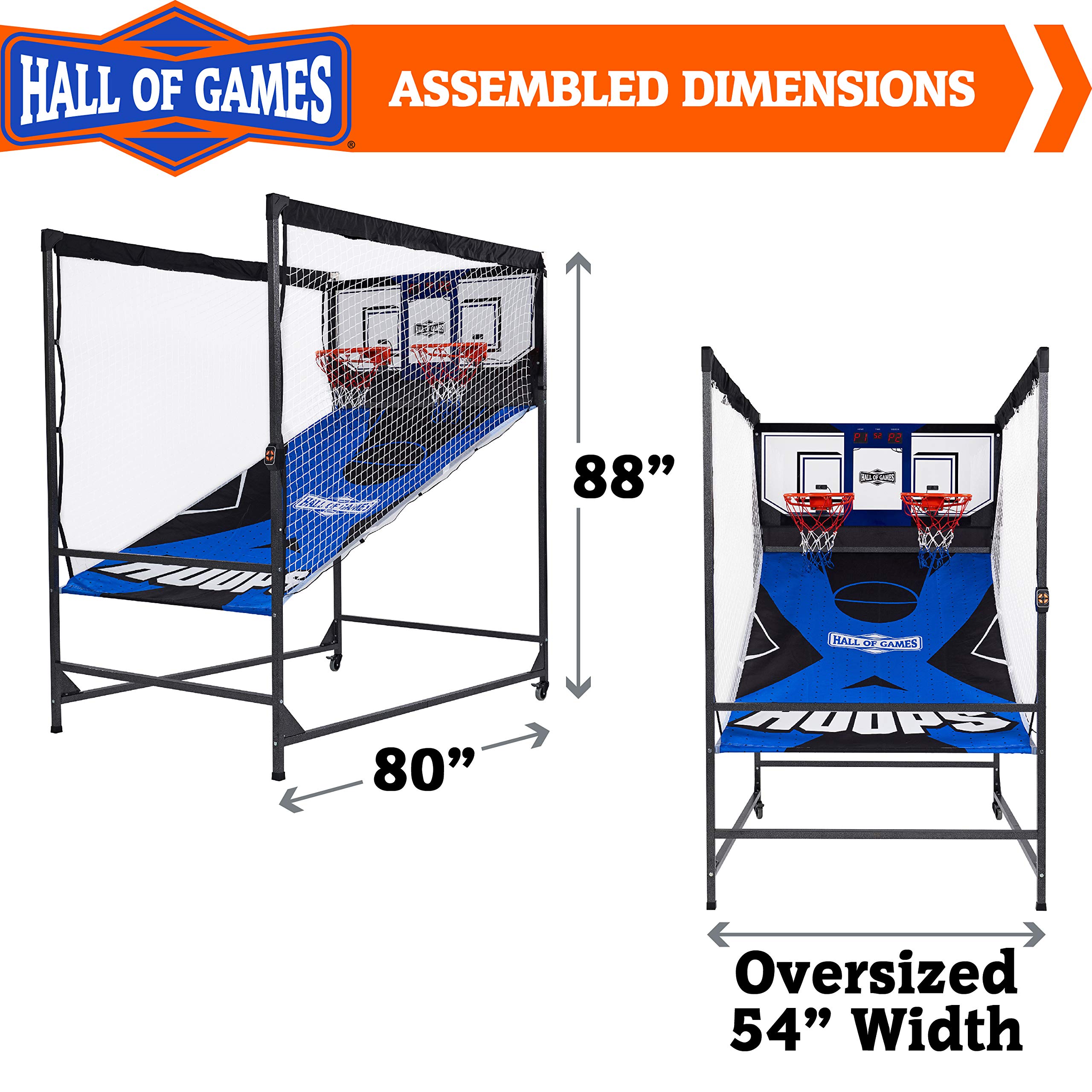 Hall of Games Premium Arcade Cage Basketball Game - Steel Frame & Polycarbonate Backboard, Dual Shot LED Scoring with 6 Size 8.5 Inch Basketballs - Perfect for Indoor Sports, Game Rooms & Family Fun