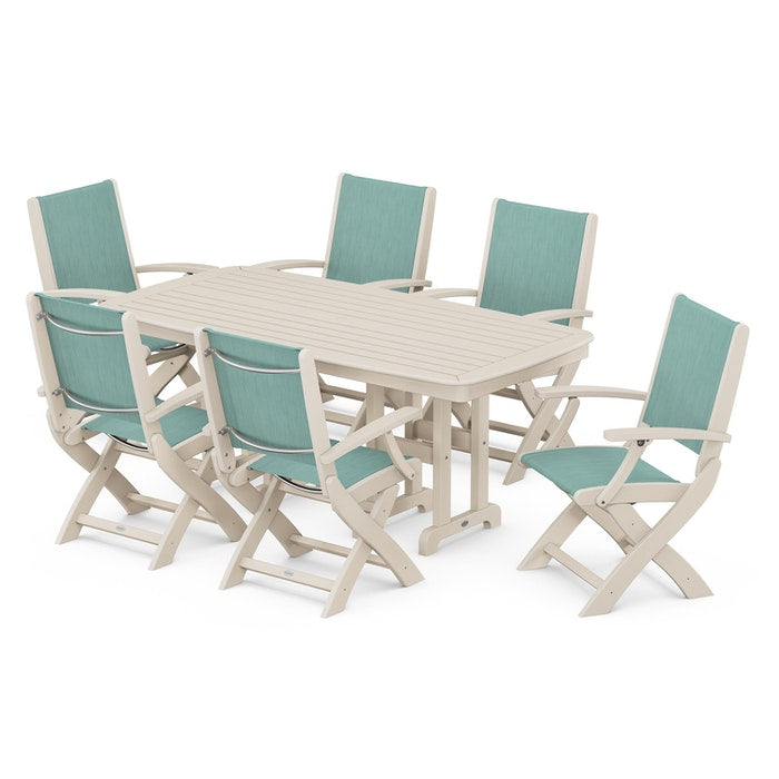 POLYWOOD Coastal Folding Arm Chair 7-Piece Outdoor Dining Set - Perfect for Patio, Deck, Poolside & Beachfront Entertaining