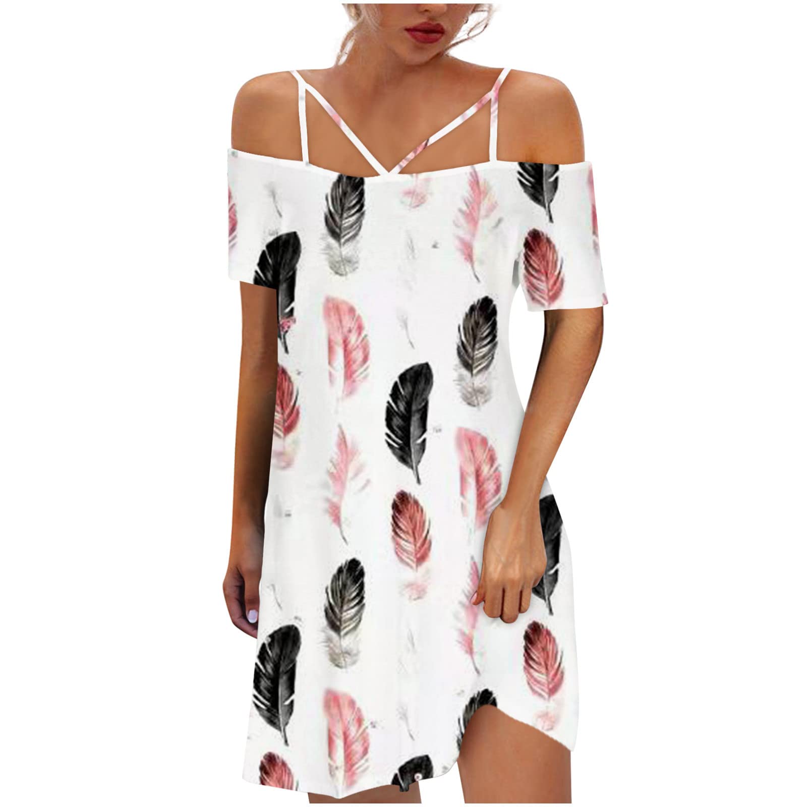 Women's Summer Short Sleeve Fitted Sexy Mini Sundress - Floral Print Cold Shoulder Casual Dress for Beach, Party & Vacation