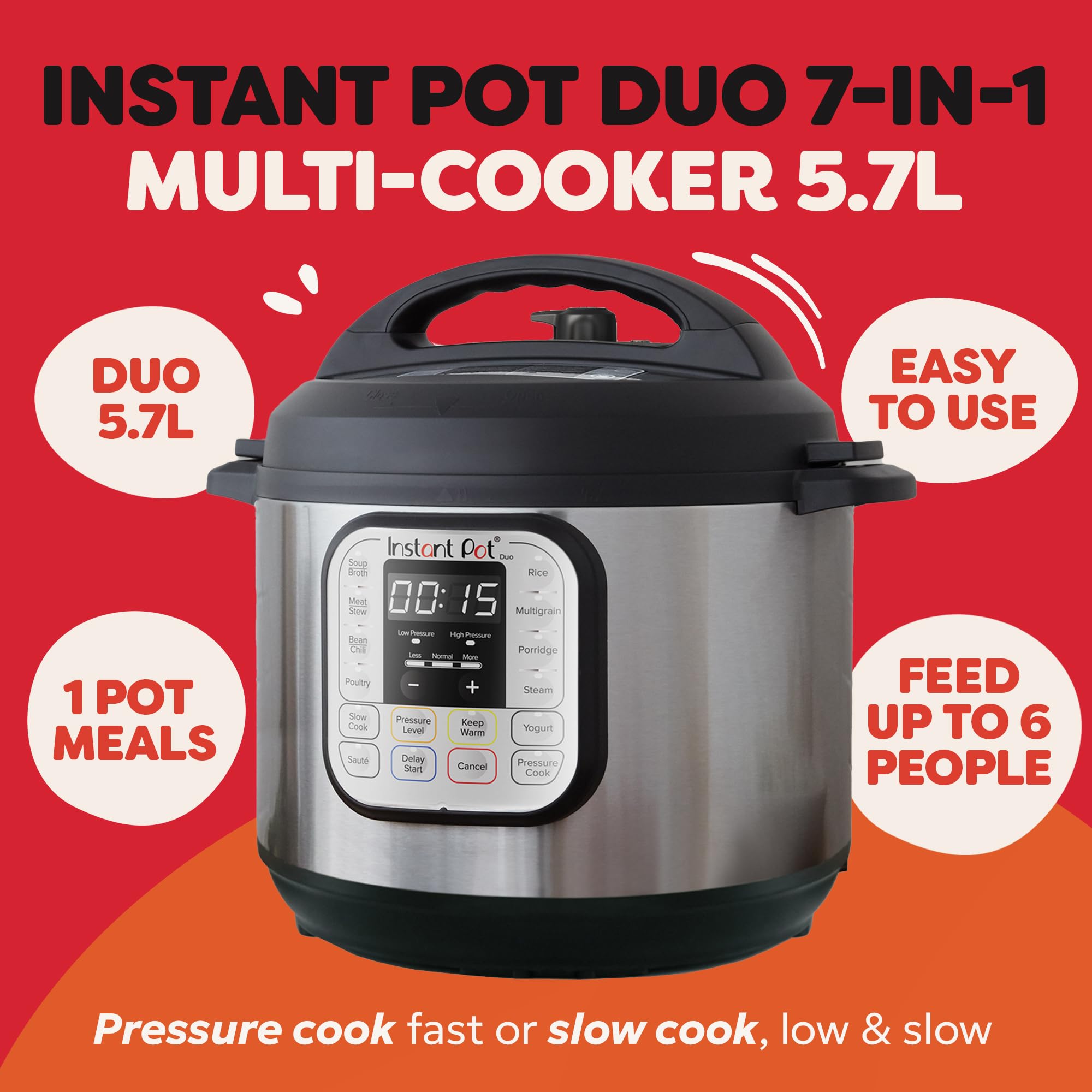 Instant Pot Duo 7-in-1 Electric Pressure Cooker 5.7L/6Qt - Multi-Functional Kitchen Appliance for Fast Cooking, Slow Cooking, Rice, Yogurt, Steaming & Sautéing | Stainless Steel Inner Pot | Dishwasher Safe | Perfect for Meal Prep, Family Dinners & Healthy Eating