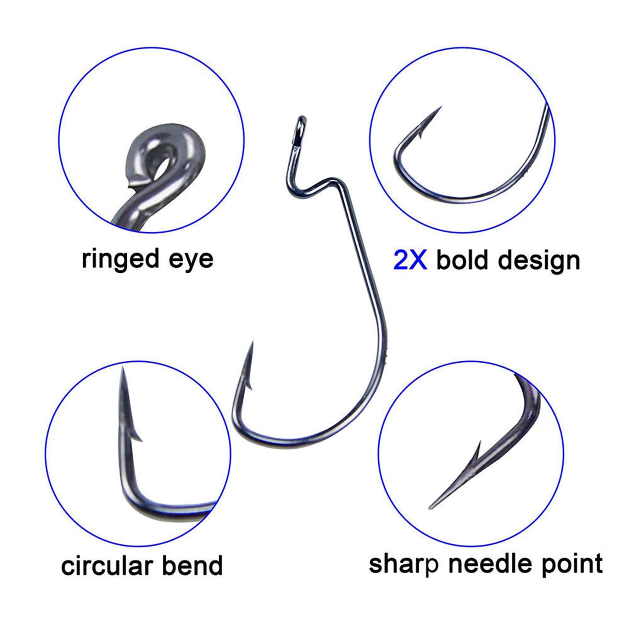 50pcs 1/0-5/0 Wide Gap Offset Worm Jig Hooks Set - Sharp Bass Fishing Hooks for Freshwater & Saltwater - Perfect for Soft Plastic Worms, Creature Baits & Flipping Techniques