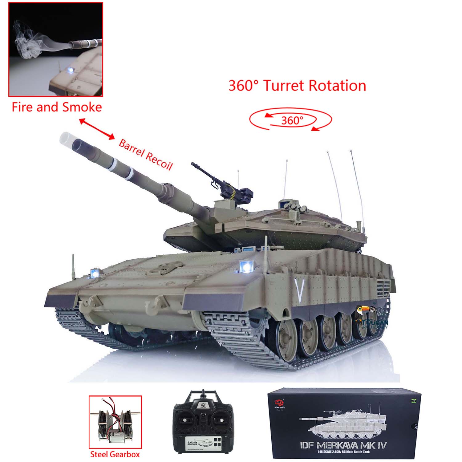 1/16 Heng Long RC Tank IDF Merkava MK IV - Open Fire, Smoke, 360° Turret Rotation, Recoil & Metal Tracks - Remote Control Military Model for Collectors & Battle Simulation