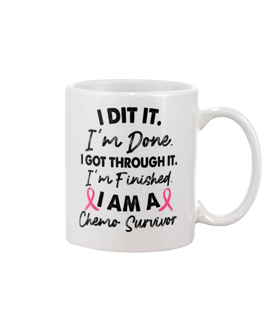 Pink Ribbon 'I'm Done I'm Finished' Motivational Coffee Mug - 11oz & 15oz White Ceramic Cup for Cancer Patients & Survivors - Thoughtful Breast Cancer Awareness Gift for Women, Family & Friends - Perfect for Chemo Support, Recovery Encouragement & Hope During Treatment