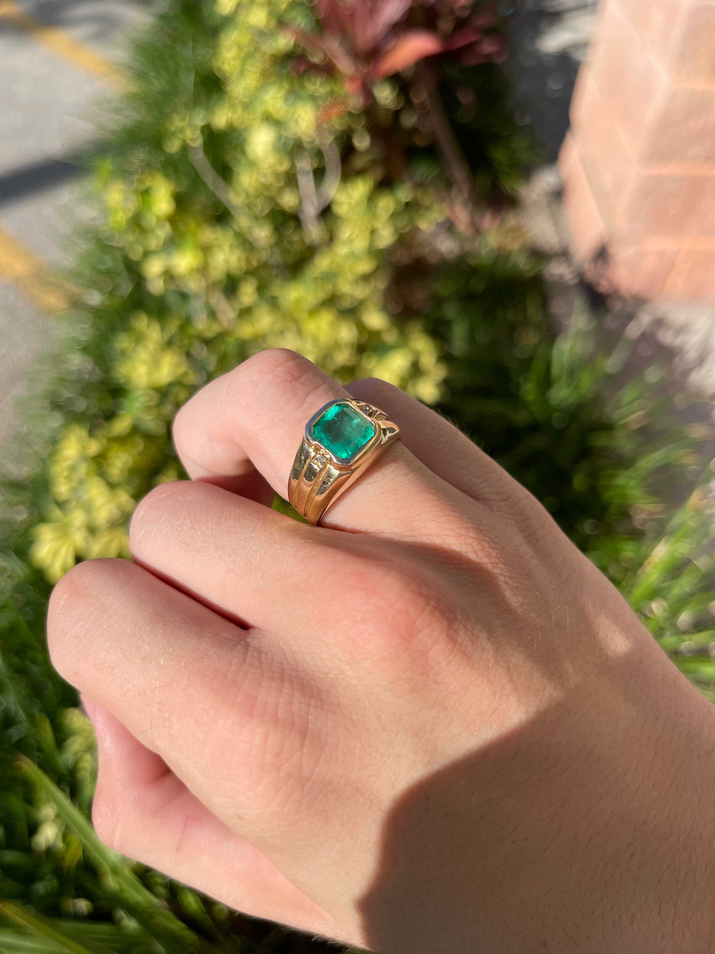 3.56 TCW Men's Emerald and Diamond Accent 14K Yellow Gold Ring for Wedding, Engagement & Special Occasions