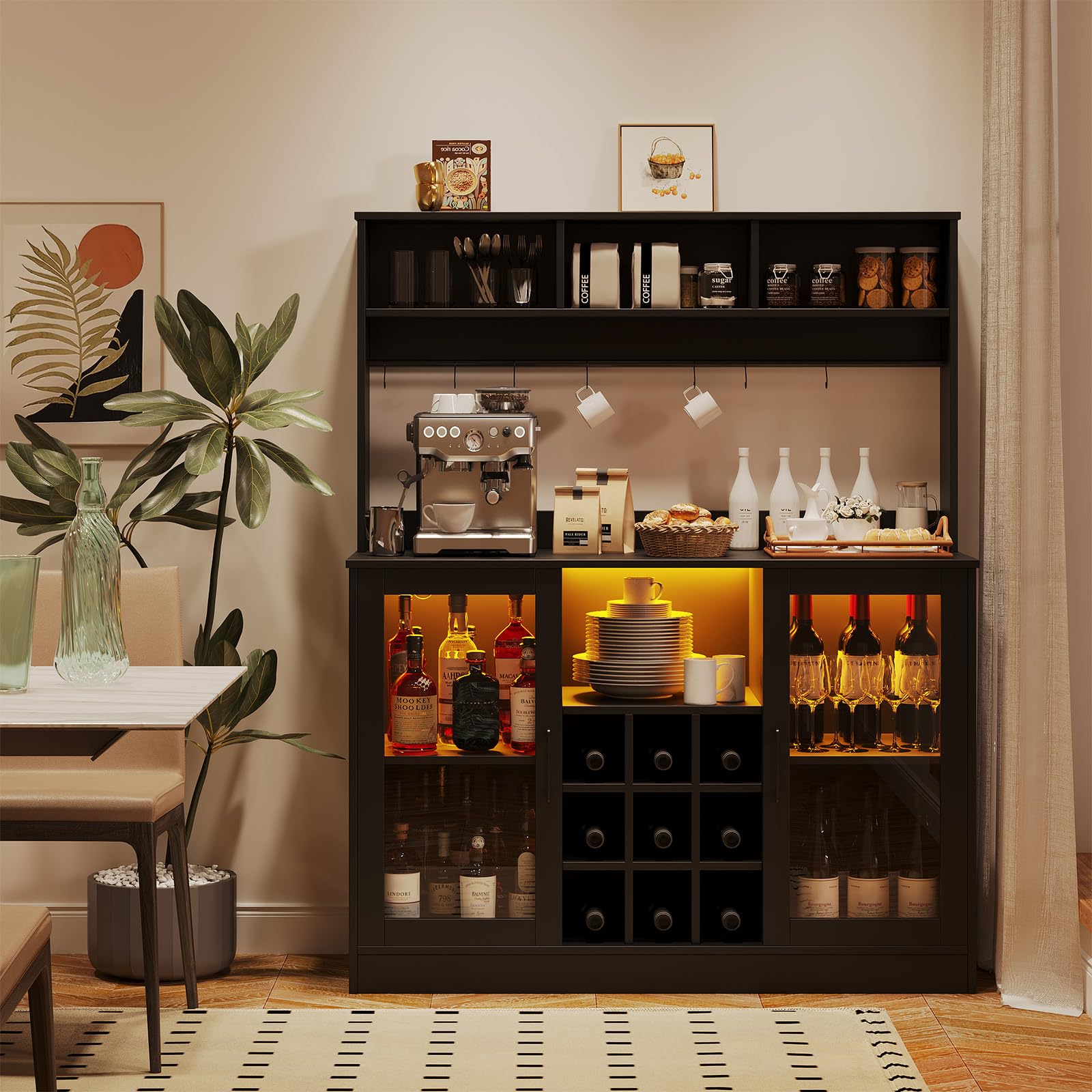 Modern Black LED Bar Cabinet with Wine & Glass Rack - Coffee Liquor Storage Sideboard for Kitchen & Dining Room - Buffet Server with Shelves for Home Bar & Entertainment Areas