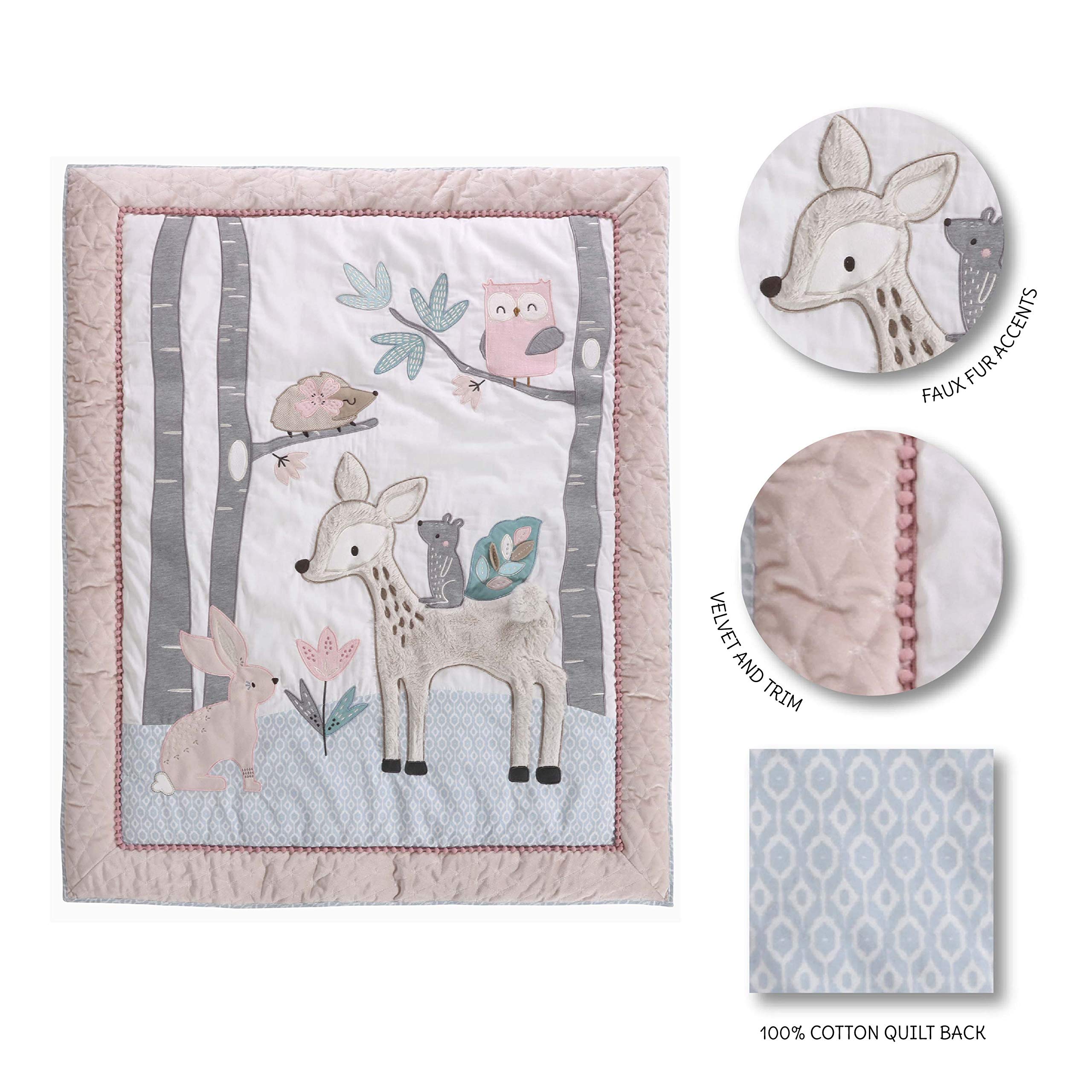 Levtex Baby Everly 5-Piece Crib Bedding Set - Woodland Deer & Friends Nursery Collection in Aqua Blush Grey Teal - Includes Quilt, Fitted Sheet, Diaper Stacker, Wall Decal & Bed Skirt - Perfect for Baby Shower Gifts & Nursery Decor