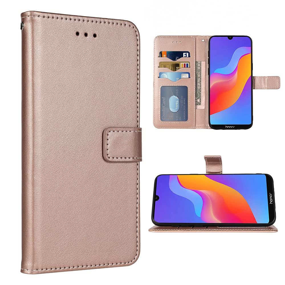 Premium Leather Wallet Case with Wrist Strap & Card Holder - Compatible with Huawei Y6 2019/Honor 8A/Y6 Prime 2019 (Rose Gold) | Flip Cover Stand Case for Daily Use, Travel & Business Meetings
