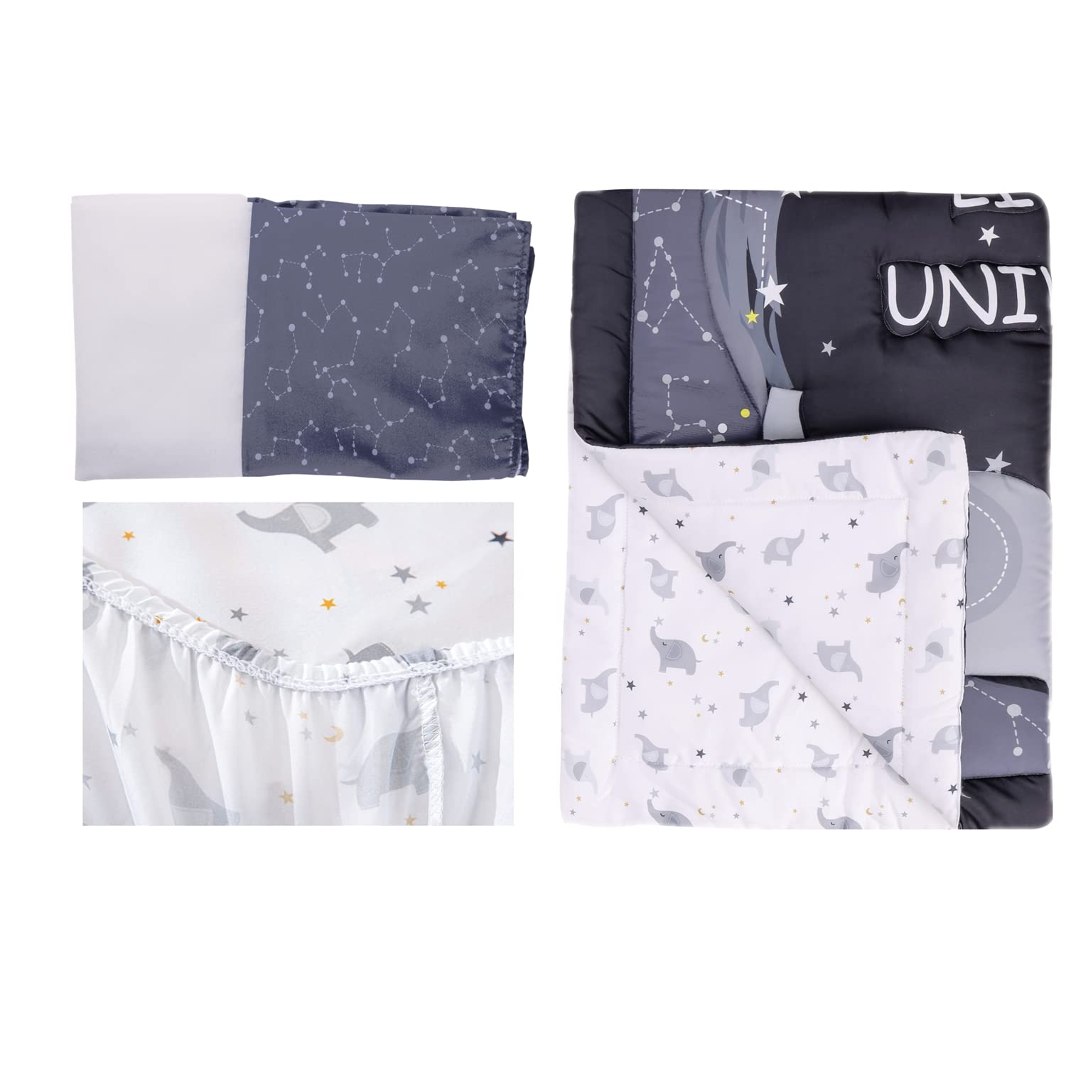 Jupeollon 3-Piece Baby Crib Bedding Set for Boys - Elephant Moon Star Theme Nursery Bedding | Soft Breathable Cotton | Includes Comforter, Fitted Sheet & Crib Skirt | Grey | Perfect for Newborns & Toddlers Nursery Decor