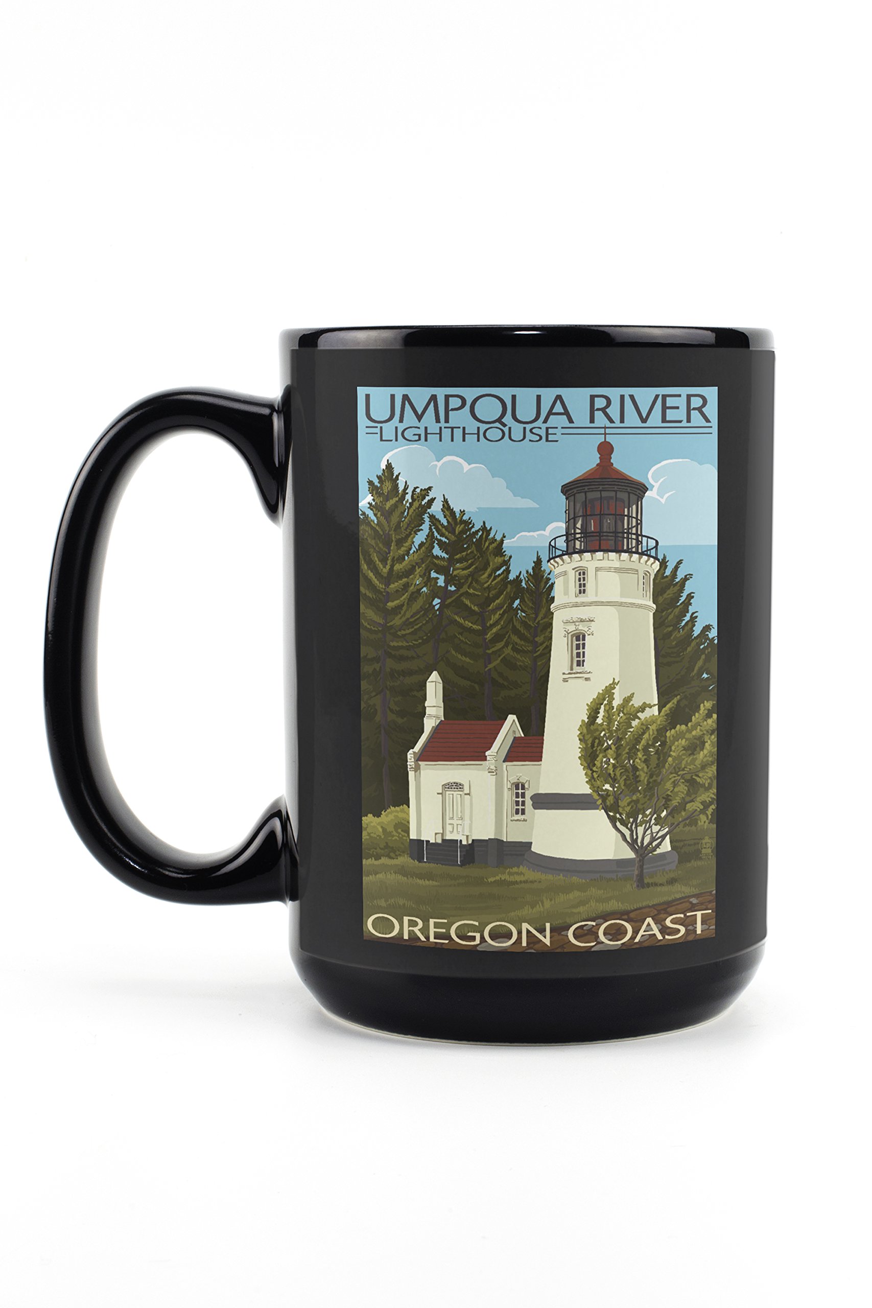 Oregon Umpqua River Lighthouse 15oz Black Ceramic Coffee Mug - Microwave & Dishwasher Safe - Perfect for Home, Office & Camping Use