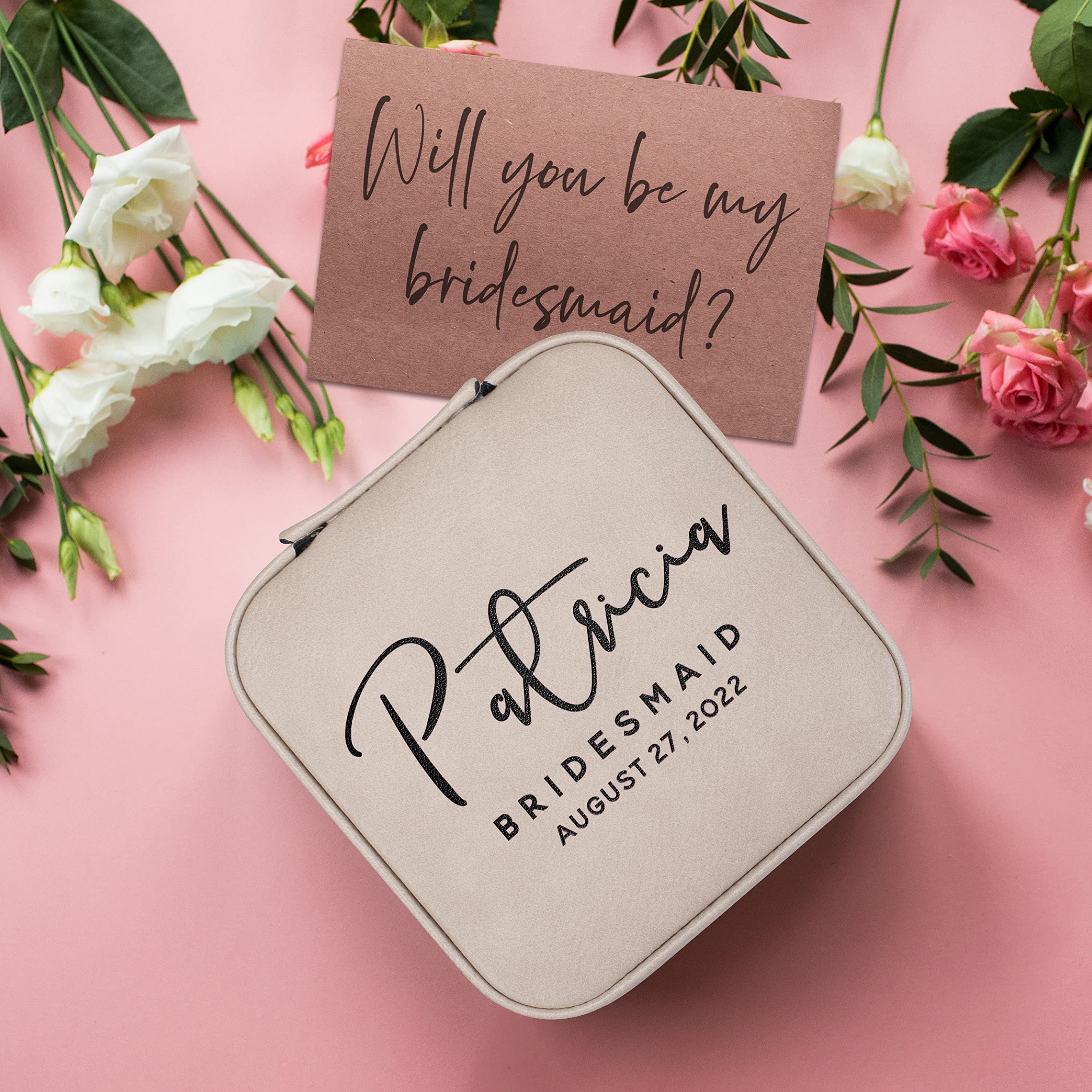 Personalized Leather Bridesmaid Jewelry Box with Engraved Name & Title - Rose Gold Custom Jewelry Organizer Case for Bridesmaid Proposal, Bachelorette Party Favors & Bridal Shower Gift | Perfect for Wedding Accessories Storage & Keepsake Present