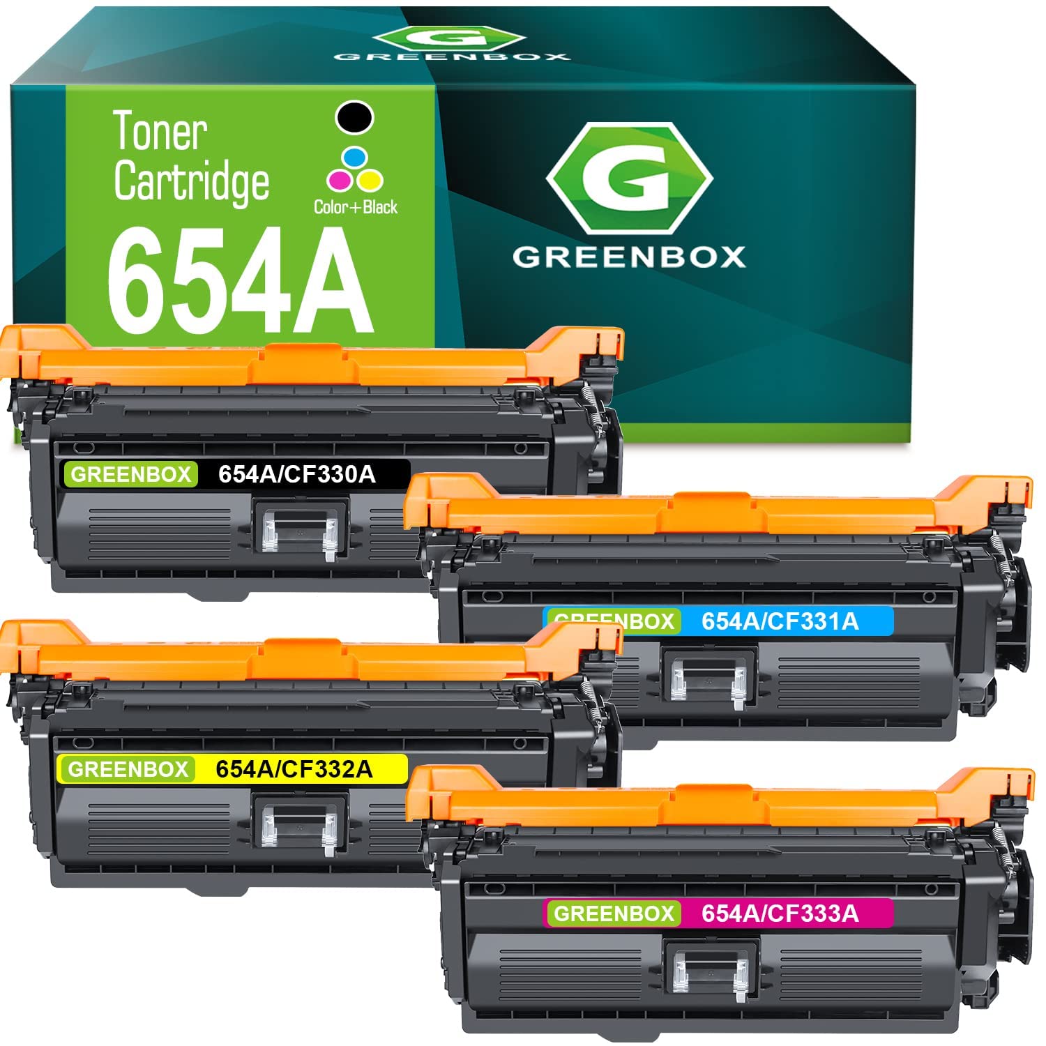 GREENBOX Remanufactured 654A Toner Cartridges 4-Pack - Compatible with HP 654A/654X/CF330A/CF331A/CF332A/CF333A for HP Color Enterprise M680z/M651n/M651dn/M651xh/MFP/M680f/M680dn Printers (15,000 Pages, KCMY) - Perfect for Office & High-Volume Printing