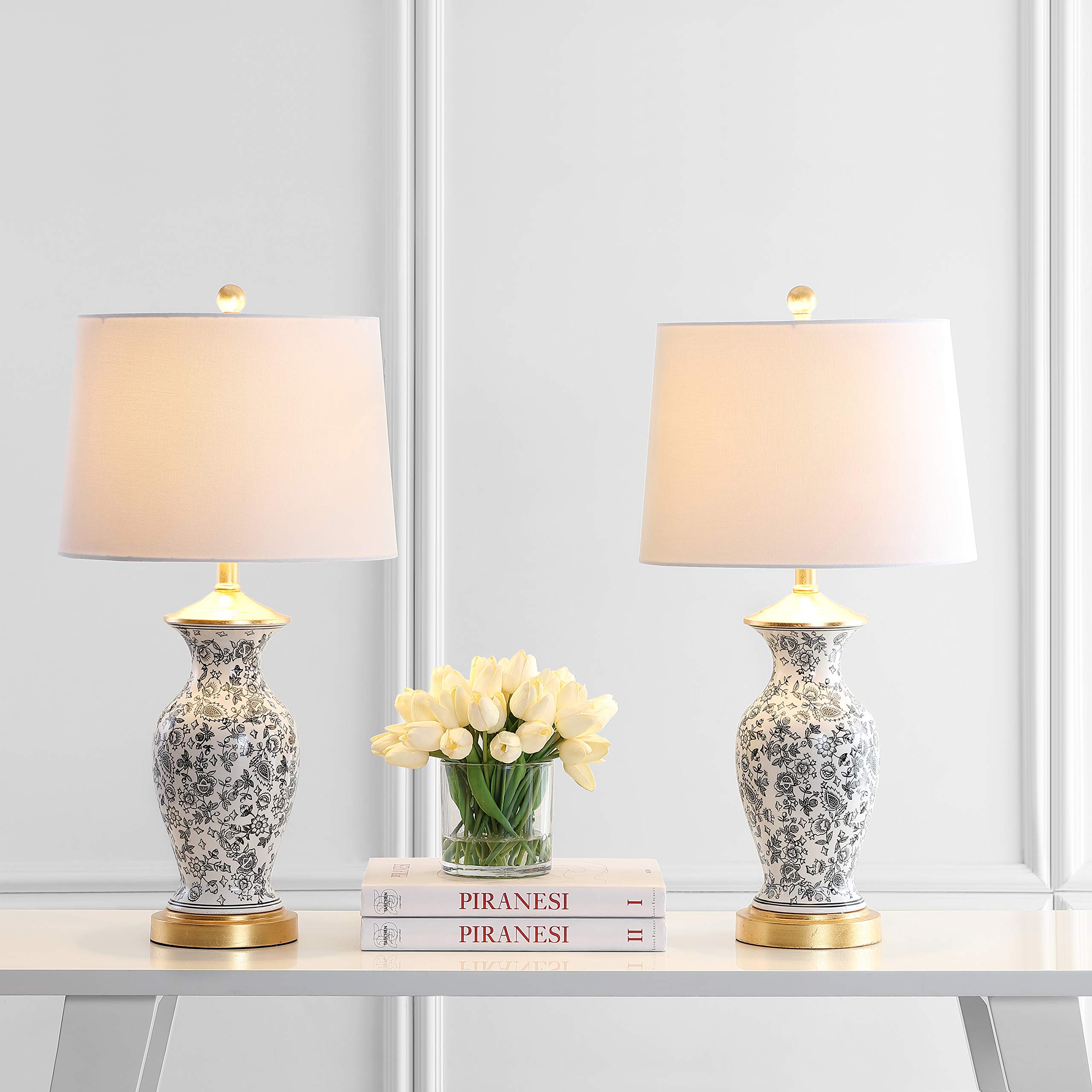 SAFAVIEH Kaeden Floral Black and White 27-Inch Table Lamp Set of 2 with LED Bulbs - Modern Lighting for Bedroom, Living Room, Home Office & Nightstand - Perfect for Reading, Working & Ambient Lighting