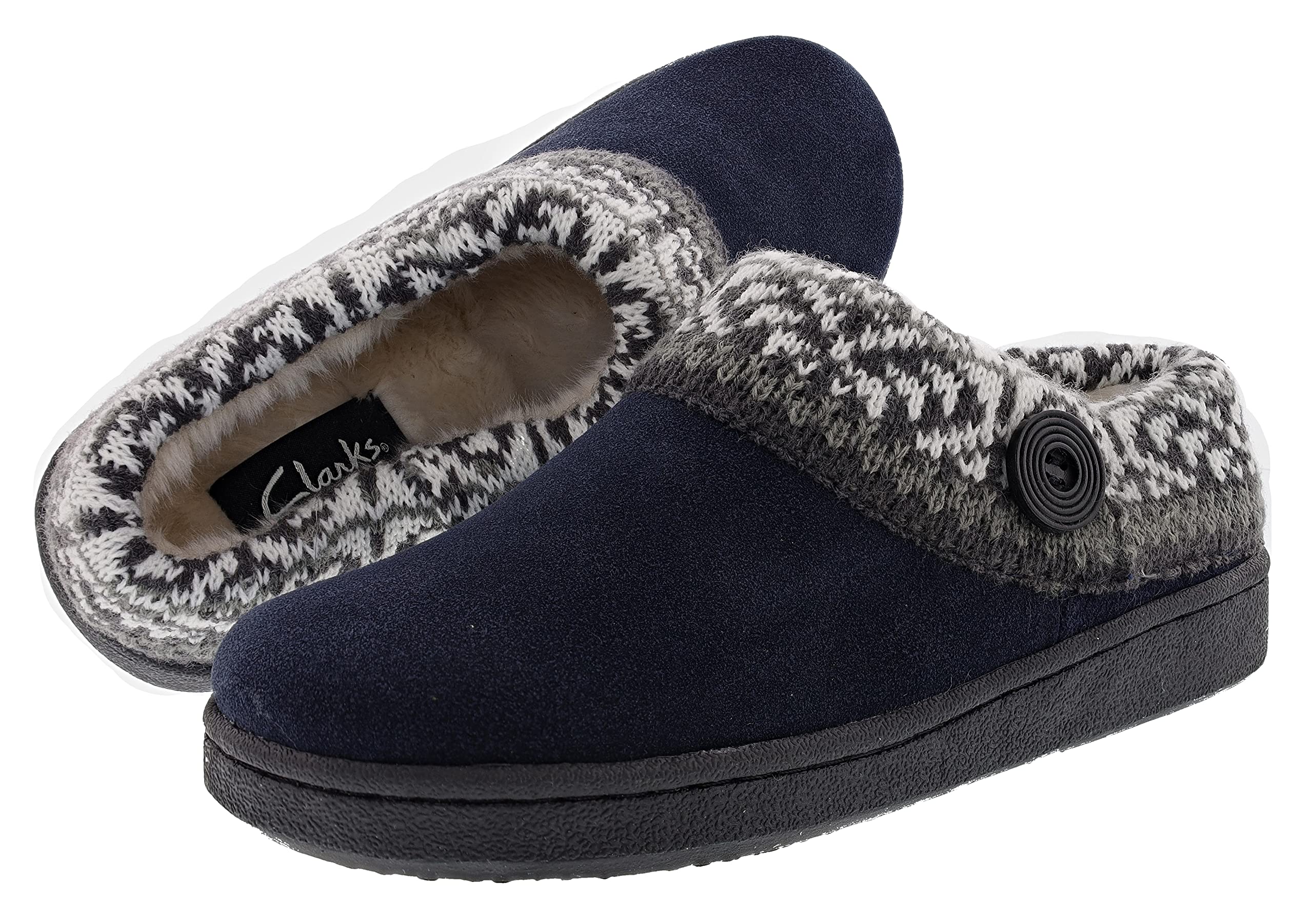 Clarks Women's Suede Leather Comfort Clog Slippers with Knitted Collar & Plush Faux Fur Trim - Cozy Indoor/Outdoor House Shoes for Women - Perfect for Lounging, Running Errands & Cold Weather (Fairisle Navy, Size 9M)
