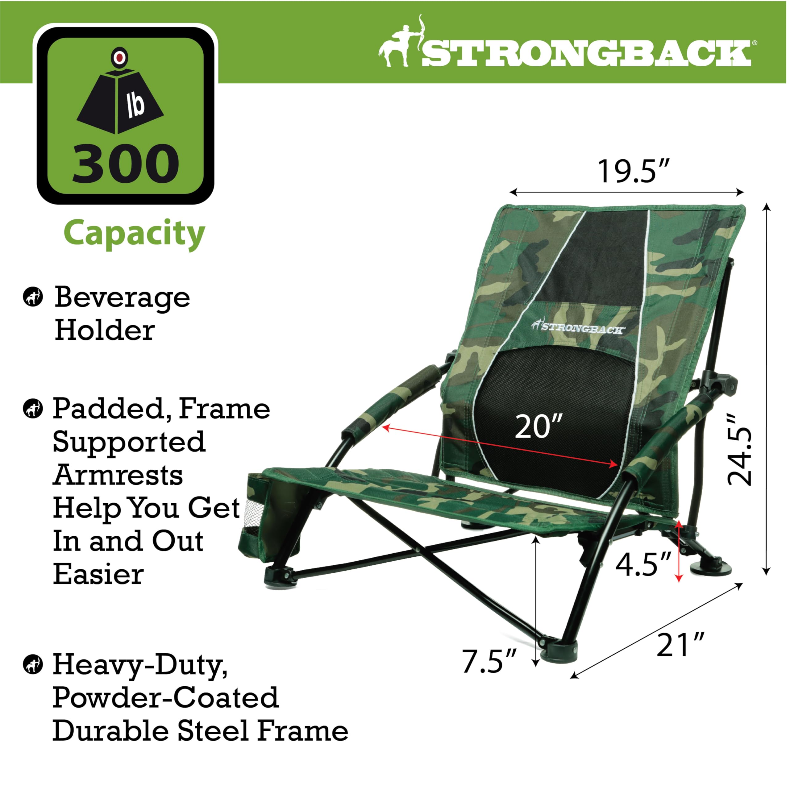 STRONGBACK Low Gravity Beach Chair with Built-in Lumbar Support - Heavy Duty Portable Folding Chair for Adults - Camouflage Design - Perfect for Beach, Camping, Backyard & Outdoor Relaxation