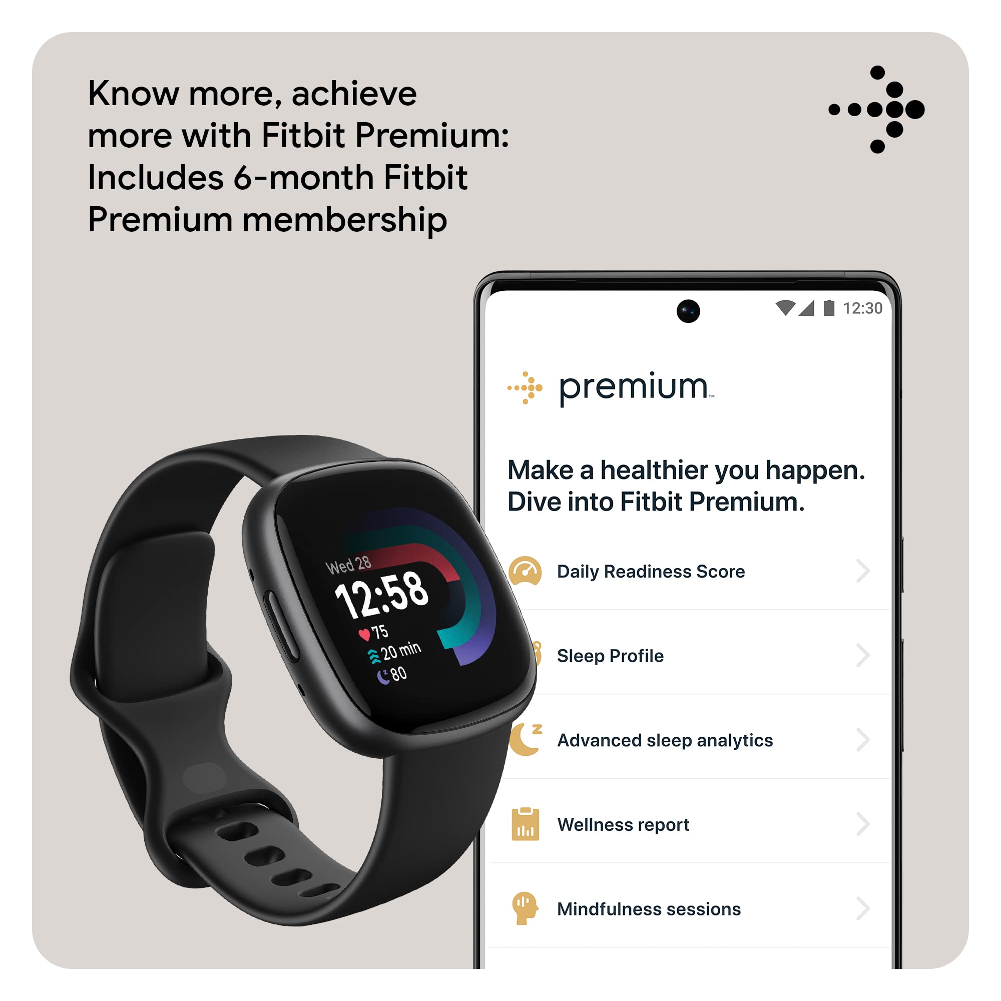 Fitbit Versa 4 Smart Watch - GPS Fitness Tracker with Heart Rate Monitor, Sleep Tracking & 40+ Exercise Modes | Waterproof Activity Tracker for Running, Swimming & Workouts | Includes S & L Bands (Black/Graphite)
