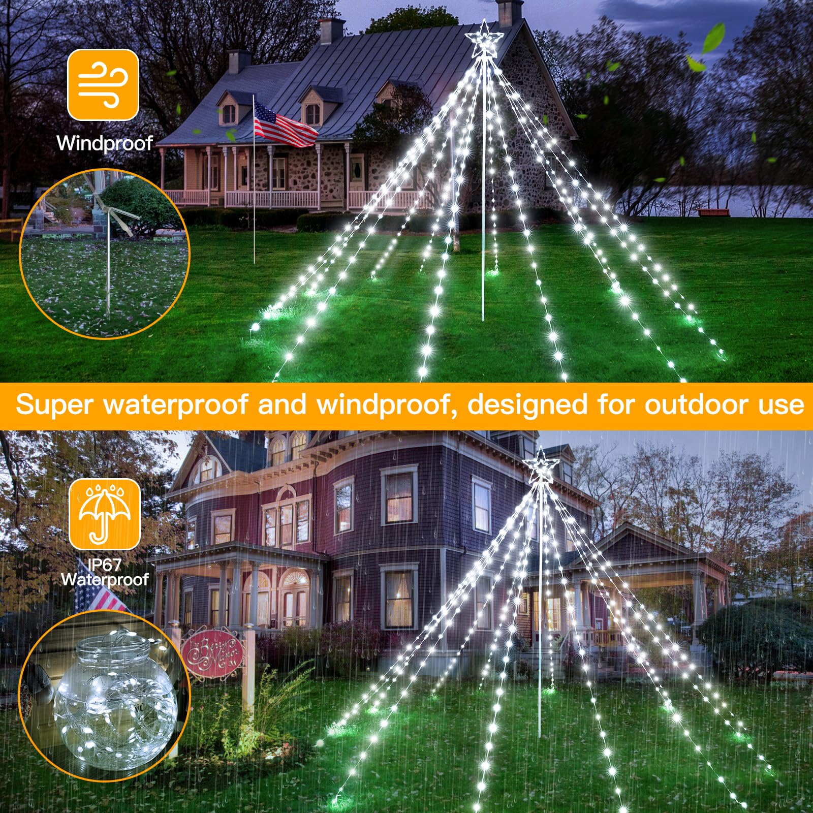 Shineshine 340LED Christmas Tree Lights - IP67 Waterproof Outdoor Holiday Decorations with Star Topper, 8 Lighting Modes & 3 Timers, Dimmable for Yard, Garden, Patio (White) HG-6V222C | Perfect for Christmas, New Year, Winter Decor & Outdoor Parties