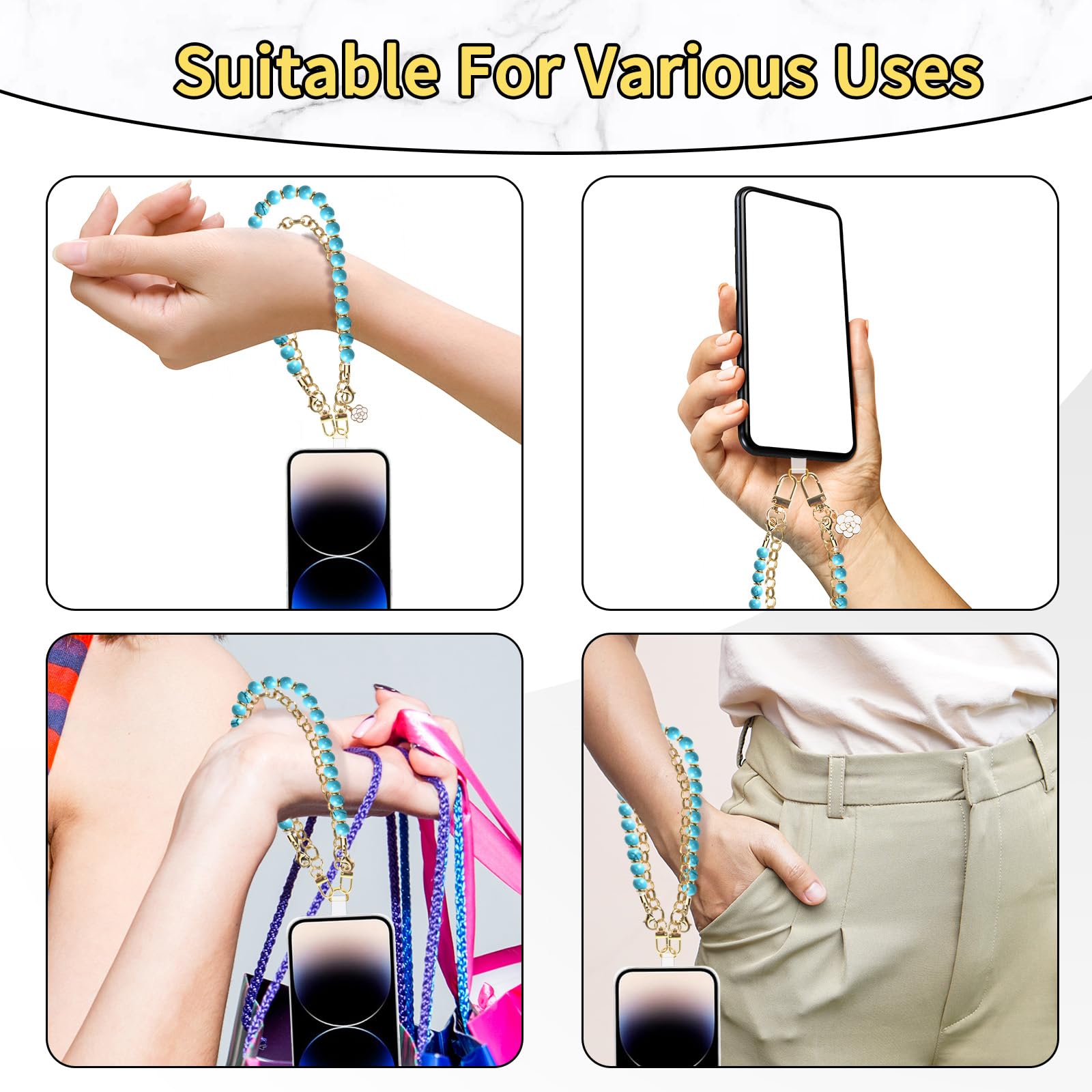 Marble Beaded Leather Double Chain Phone Wrist Strap - Hands Free Wristlet Bracelet Phone Charm for iPhone & Android (Green) | Perfect for Shopping, Travel & Outdoor Activities