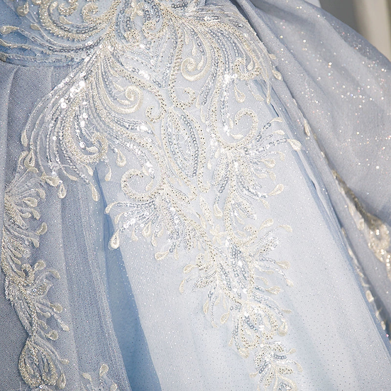 Elegant Dusty Blue Princess Mock Neck Floor-Length Tulle Flower Girl Dress for Weddings & Special Occasions