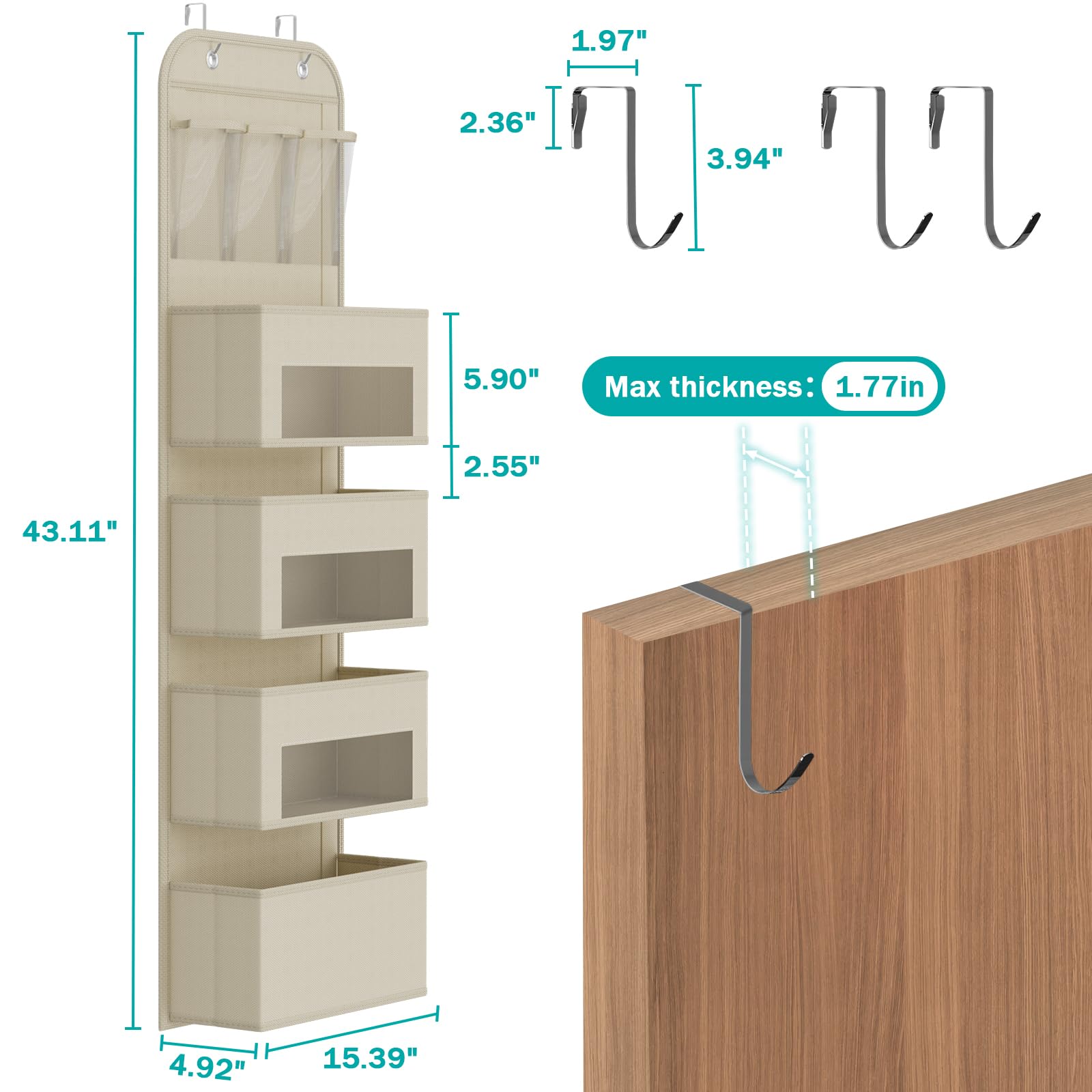 Over The Door Organizer - 4-Tier Hanging Storage Shelf for Nursery, Closet & Bathroom - Space Saving Beige Fabric Door Organizer for Baby Clothes, Toys & Essentials - Perfect for Small Spaces & Home Organization