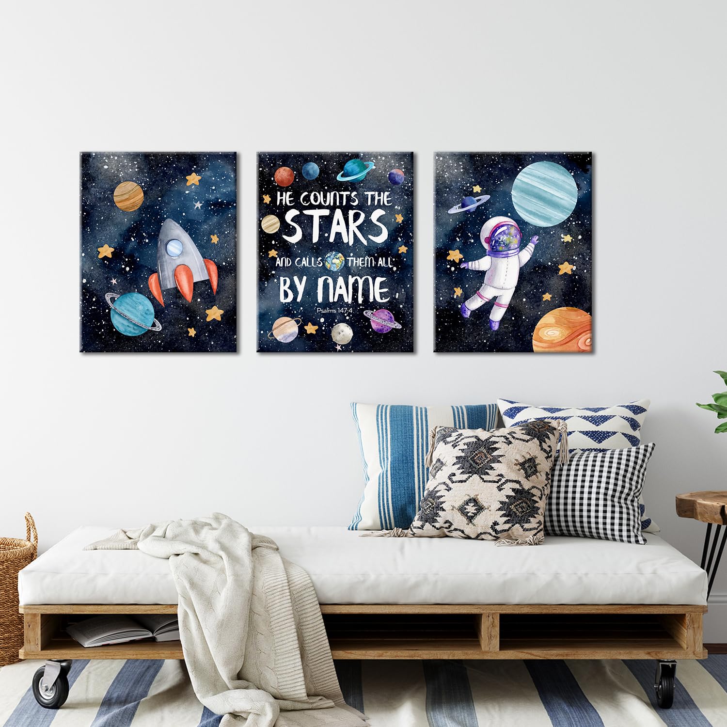 Outer Space Wall Art Decor for Boys Room - 3 Piece Christian Posters Set (12x15 Inches) - Perfect for Nursery, Bedroom & Playroom - Space Themed Kids Room Decor