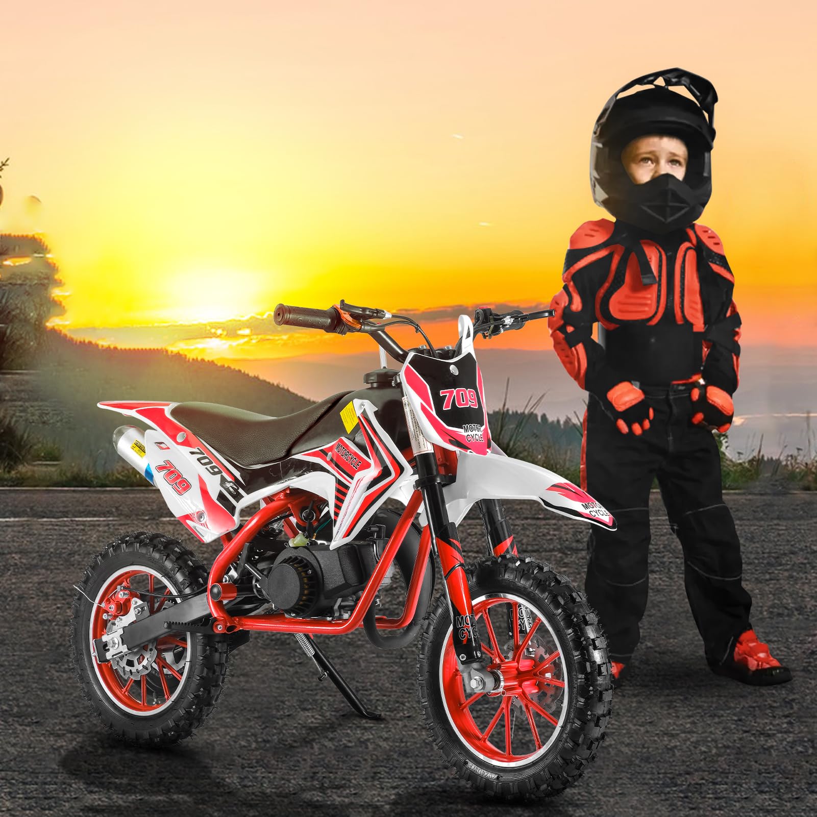 49cc Kids Dirt Bike - 2-Stroke Gas Powered Off-Road Mini Motorcycle for Boys & Girls with Front/Rear Disc Brakes, Max Speed 40KM/H - Perfect for Backyard Racing, Trail Riding & Off-Road Adventures (Red)