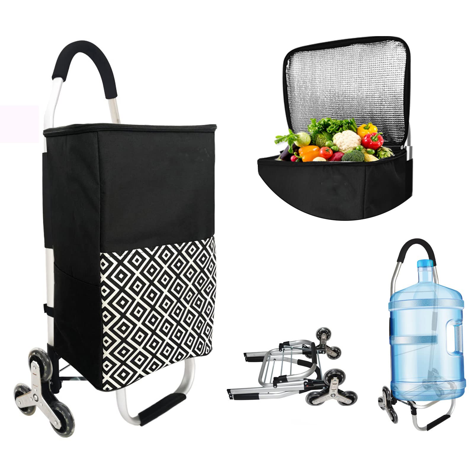 3 in 1 Insulated Shopping Cart - Multipurpose Stair Climbing Utility Cart with Adjustable Bungee Cord, Waterproof & Lightweight Rolling Cooler for Travel, Camping, Grocery Shopping (Black) - Perfect for Outdoor Adventures, Supermarket Trips and Beach Picnics